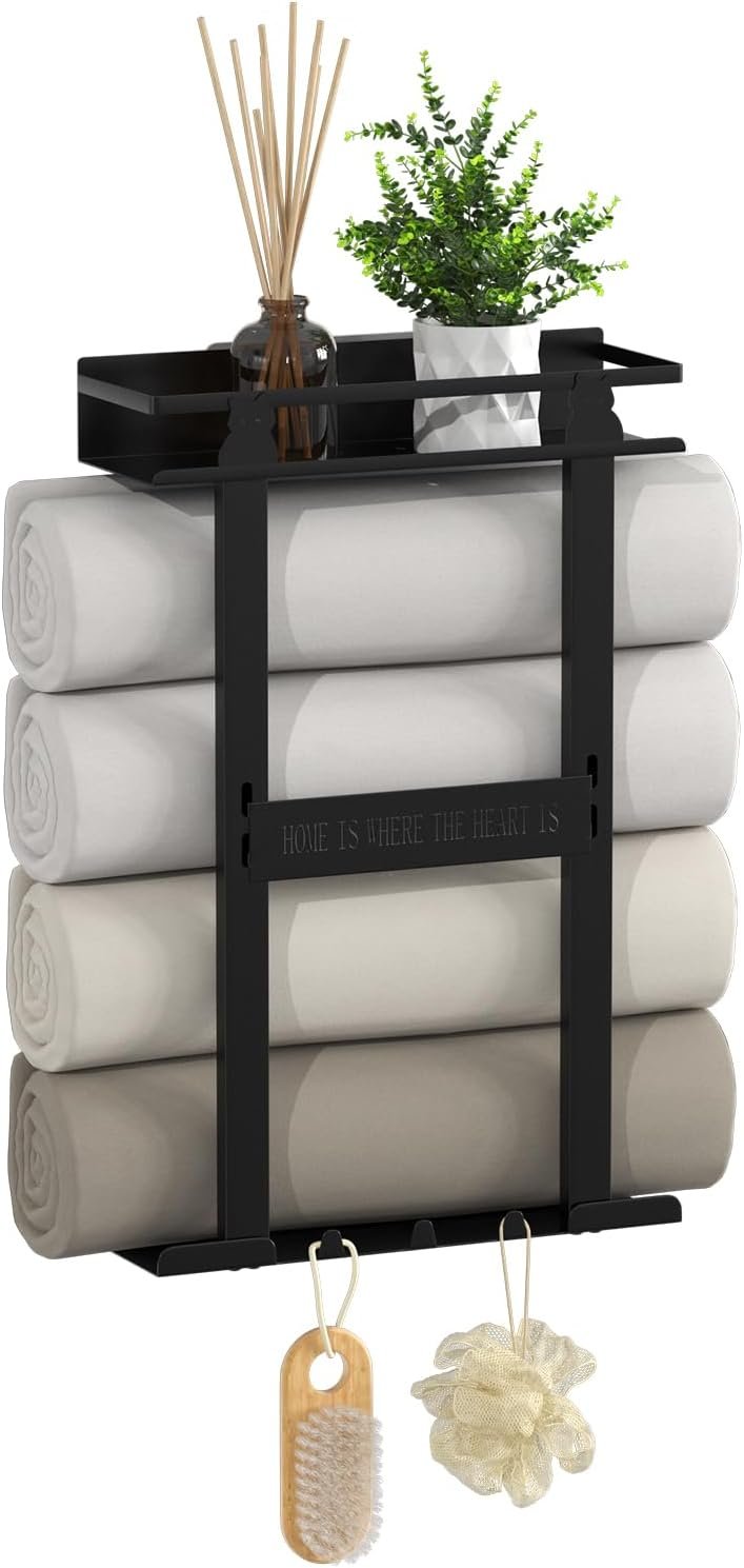 Bathroom Towel Rack,Wall Mounted Metal Bathroom Organizer with Shelf and 3 Hooks,Towel Storage Rack for Rolled Towels,Black