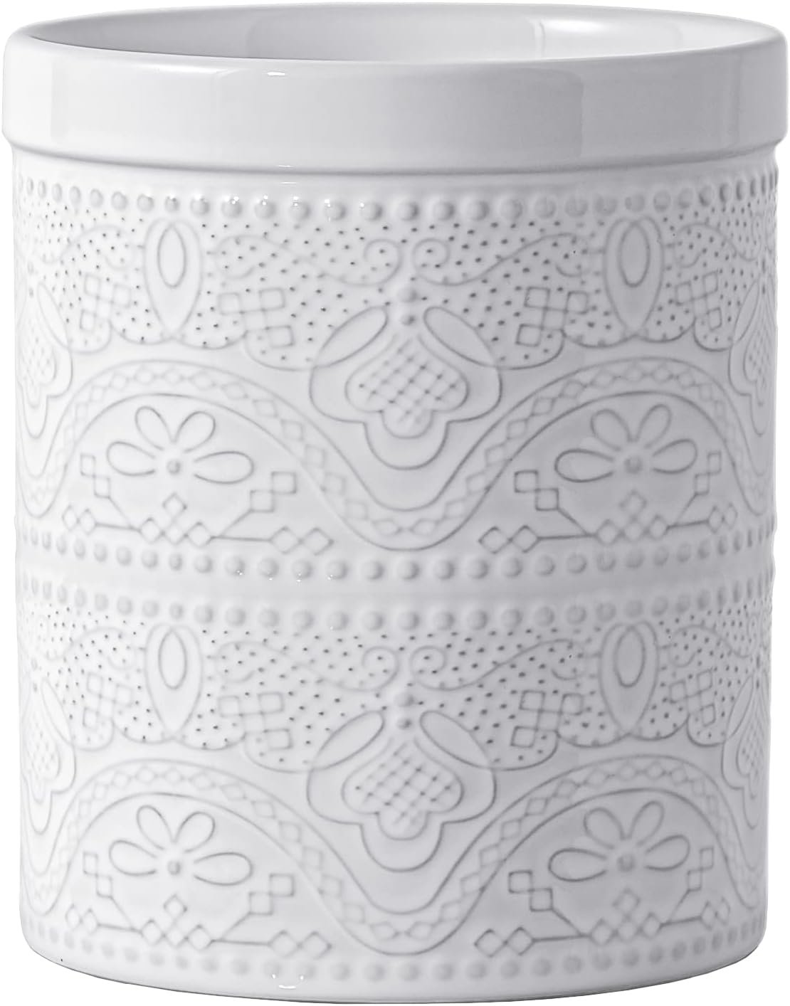 FUN ELEMENTS Kitchen Utensil Holder, 7.2″ Super Large Utensil Crock Heavy and Stable Lace Emboss Ceramic Utensil Holder for Kitchen Counter (Bright White)
