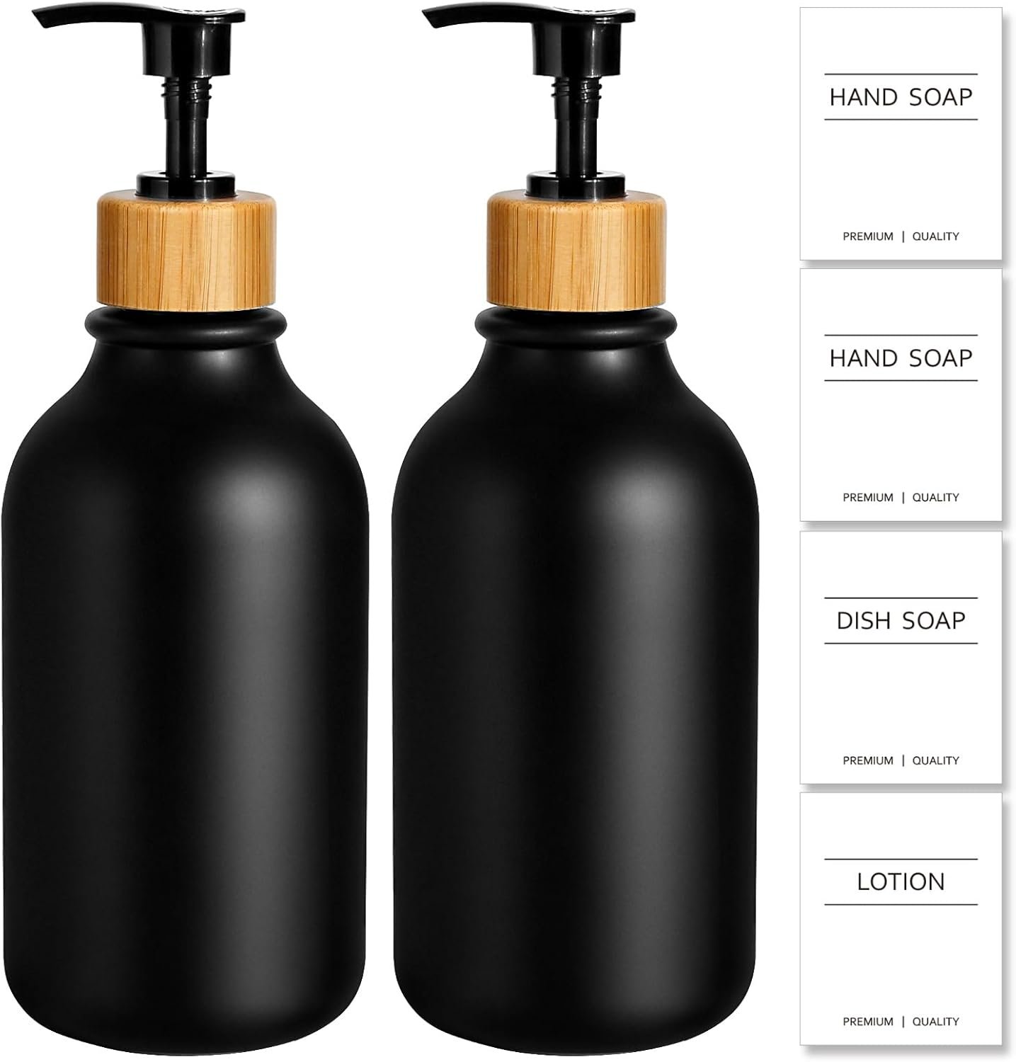 KASUNTING Hand Soap Dispenser Bathroom, Black Dish Soap Dispenser for Kitchen, 17 Fl Oz Plastic Hand and Dish Soap Dispensers Set with Bamboo Pump, 2 Pack Refillable Liquid Lotion Containers Bottle
