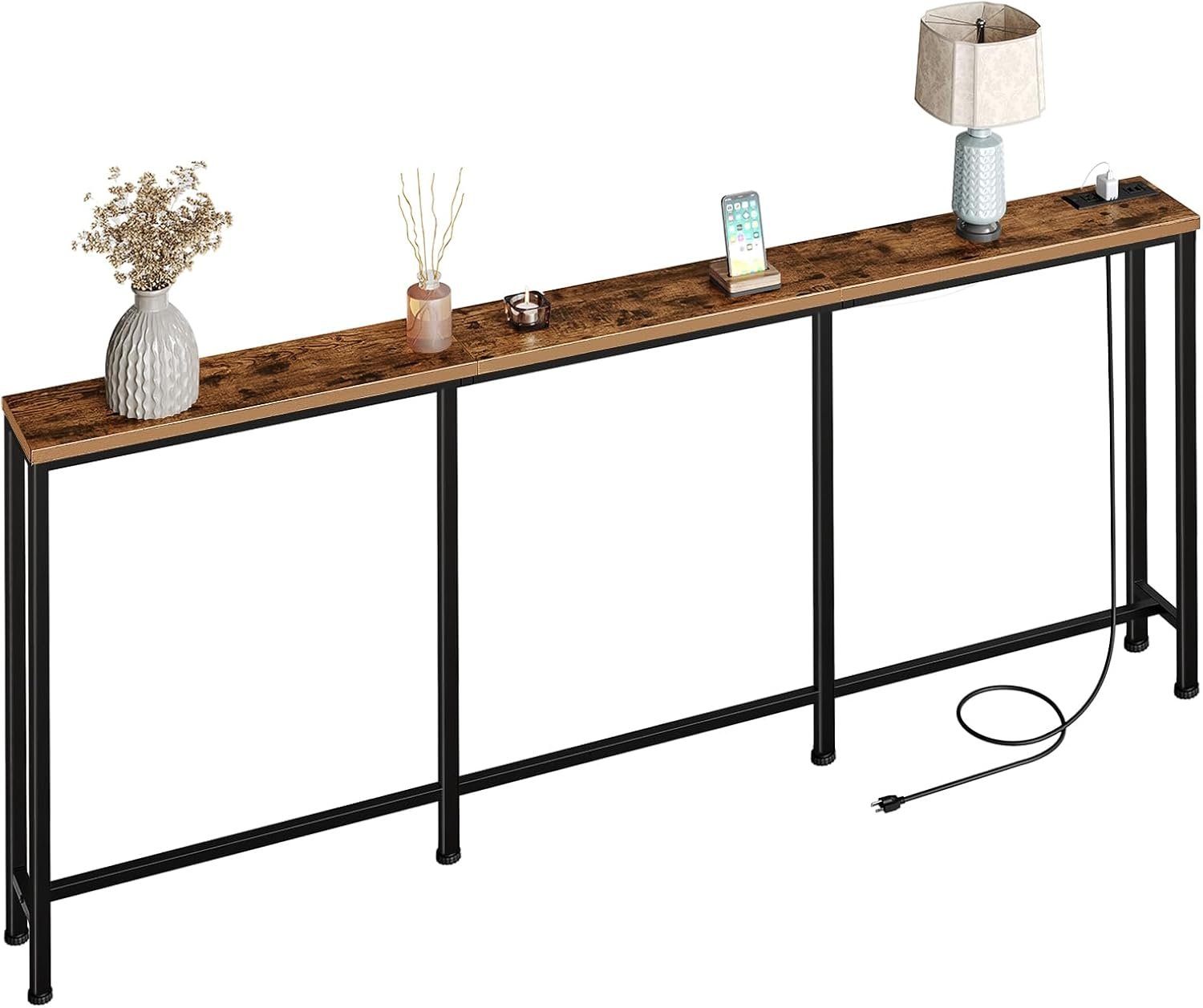 CHOEZON 78.7” Narrow Console Table with Power Outlet 7.1″ Skinny Sofa Table, Long Behind Couch Table with Charging Station, Entryway Table for Hallway, Living Room Rustic Brown and Black TXG20UBF