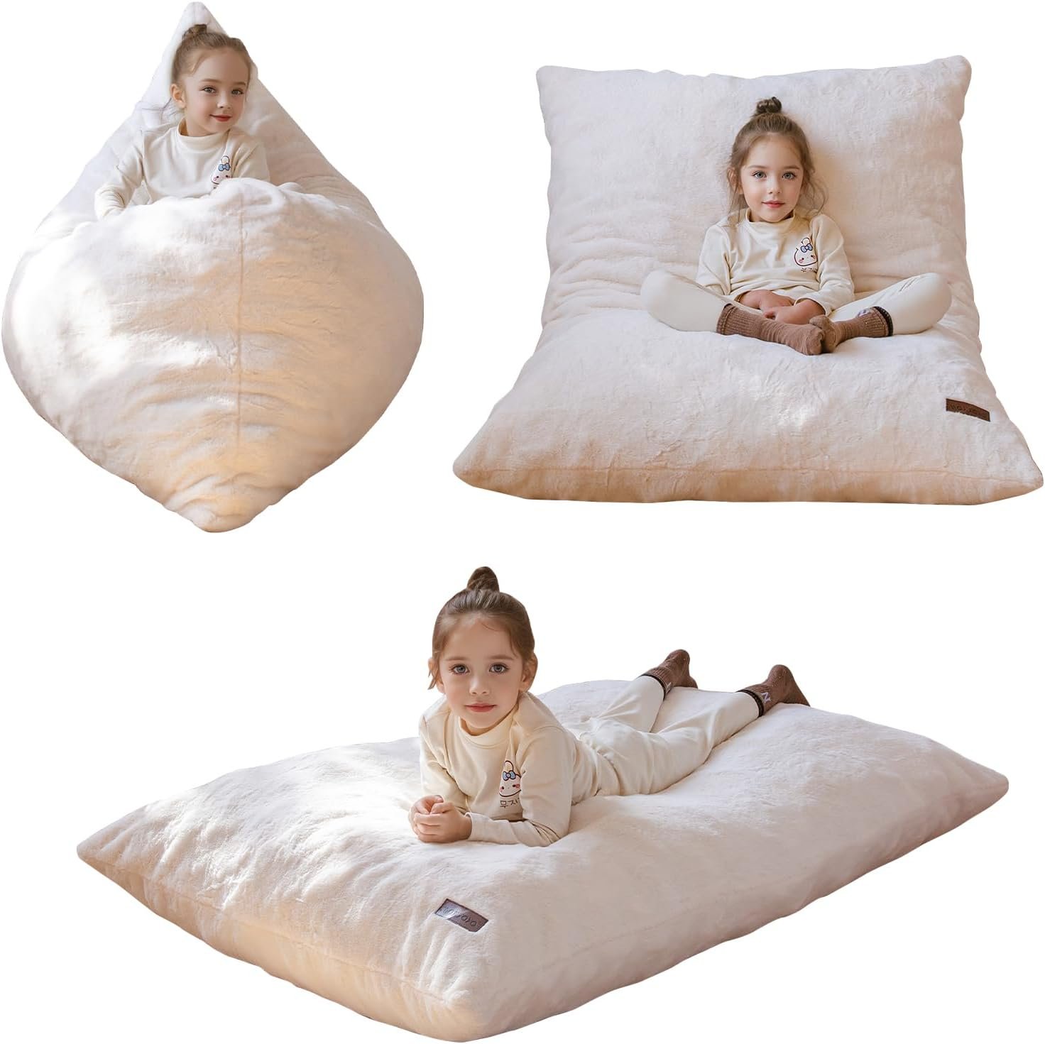 MAXYOYO 3 in 1 Kids Bean Bag Chair, Child Floor Sofa for Gaming, Reading, Faux Fur Floor Couch with High-Density Foam Filling for Living Room Bedroom