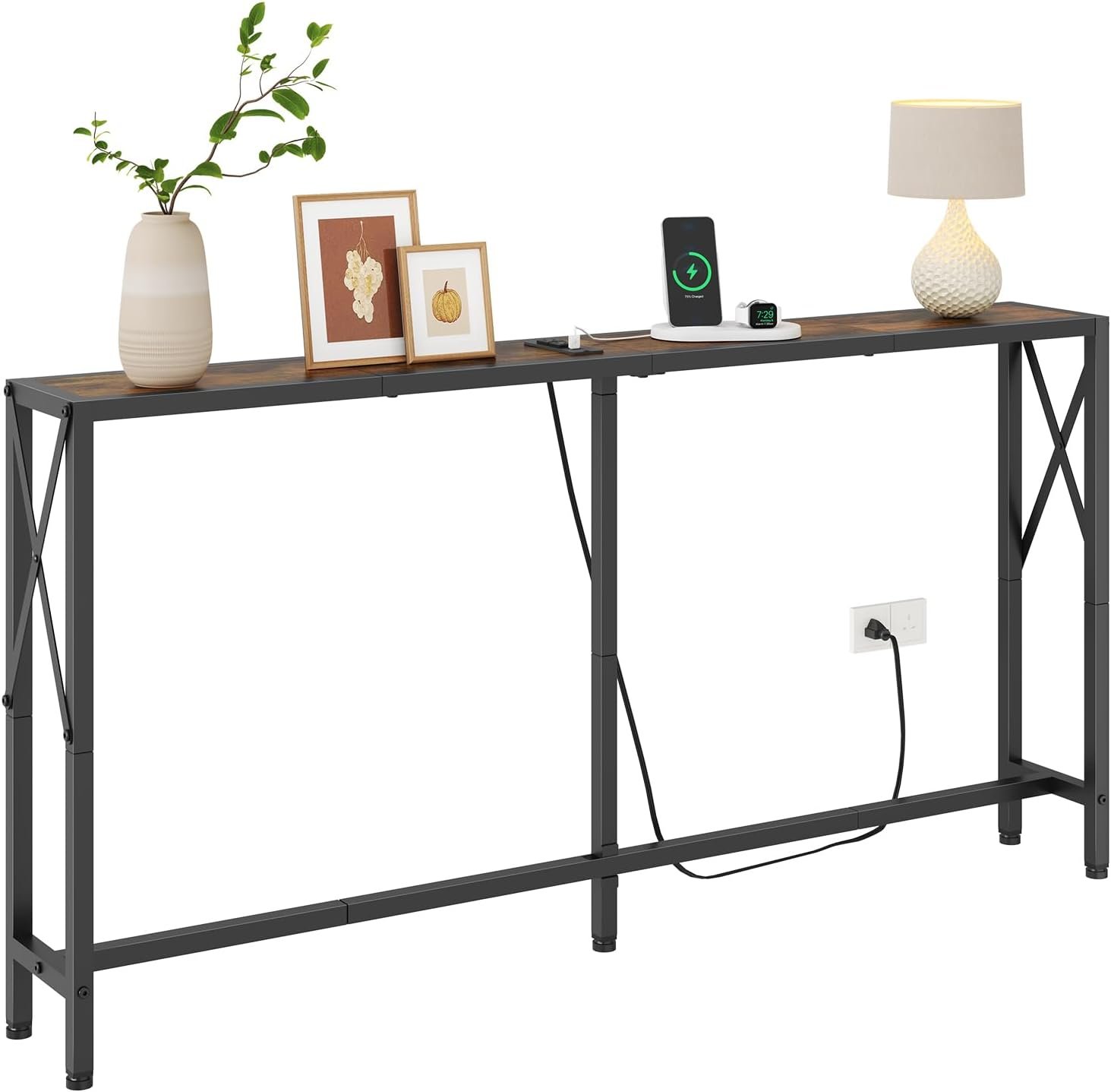 Gewudraw Console Table with Oulets and USB Ports, 55.1″ Sofa Table Behind Couch, Industrial Long Skinny Stand for Hallway, Living Room, Bedroom, 6.5 Feet Power Cord, Rustic Brown