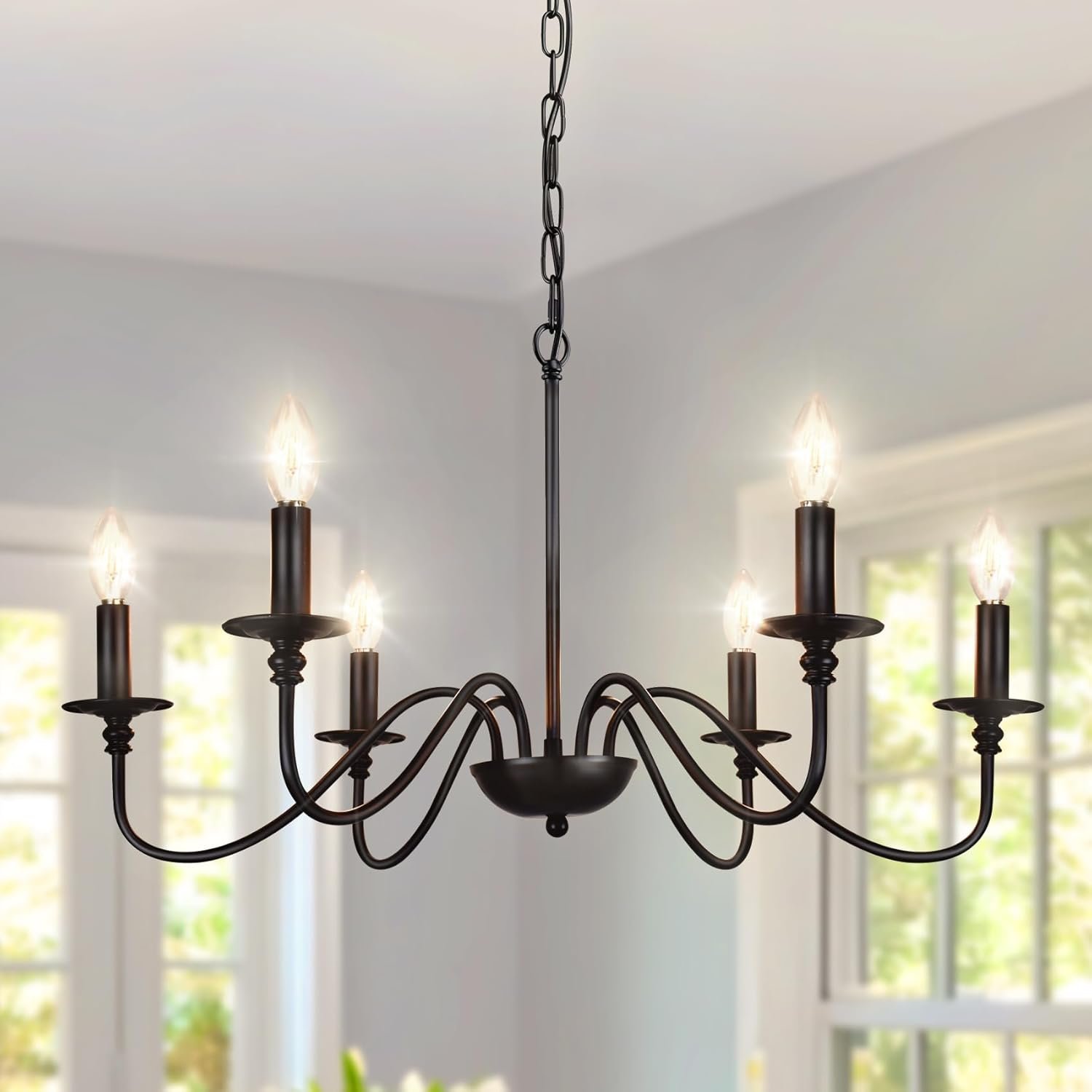 Depuley Farmhouse Chandelier for Dining Room: 6-Light Black Industrial Kitchen Island Pendant Light Fixture – Rustic Candle Chandeliers Vintage Modern Hanging Ceiling Lamp for Bedroom Foyer