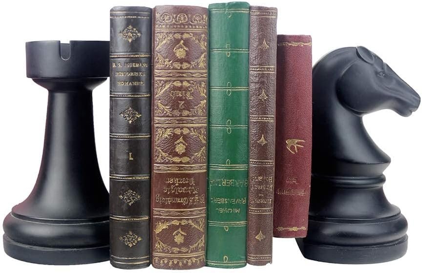 Decorative Bookends Chess Bookends, Black Book Ends Heavy Book Supports, Unique Bookends Decor for Office Home Desk Bookrack, 7″(L) x4(W) x7(H), 1Pair/2Piece