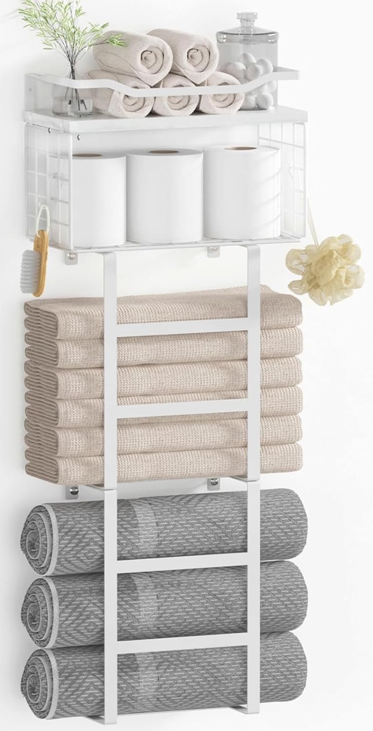 Towel Racks for Bathroom Wall Mounted, 4 tire Bath Towel Storage – with 2 Pack Towel Shelf and Floating Shelves Over Toilet, Rolled Towel Holder Shelf Organizer, Sturdy Metal & Wood, 34inch, White