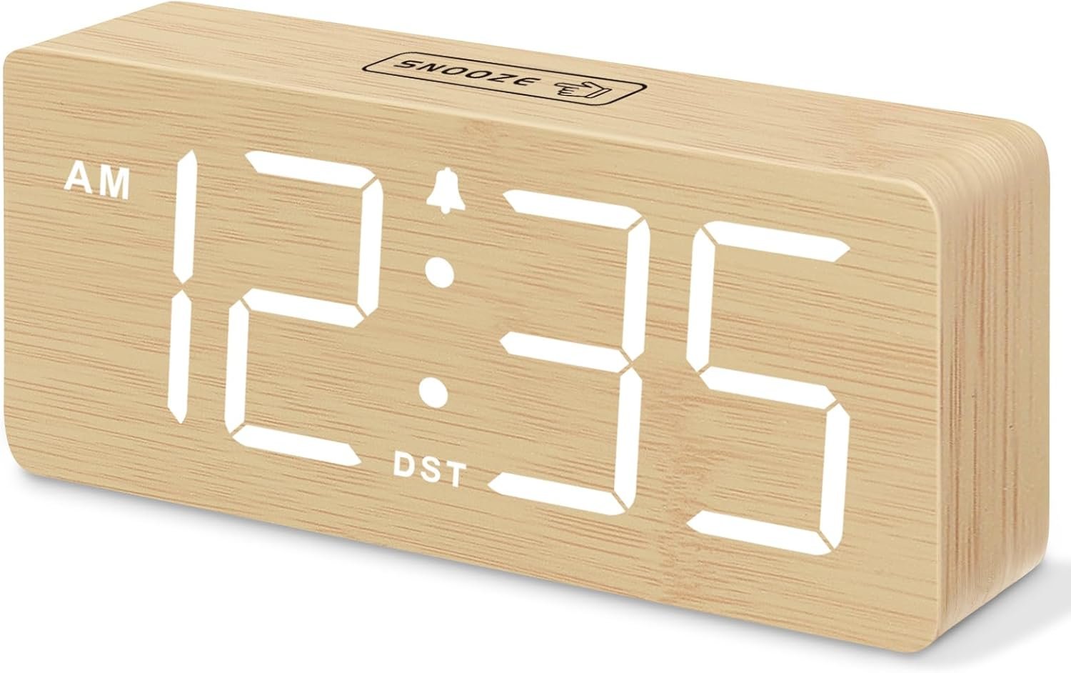 DreamSky Wooden Digital Alarm Clock for Bedroom – Desk Clocks for Living Room with Large Numbers, Dimmer, Loud Alarm for Heavy Sleepers with Volume Control, DST, Office Wood Decor (Plug in Clock)