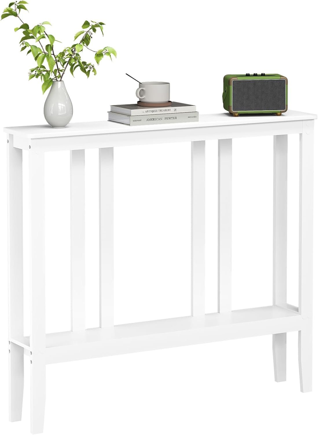 ELYKEN Bamboo 2-Tier Narrow Console Table, 36.2″ Long Slim Sofa Table Behind Couch for Entryway, Hallway, Living Room, White