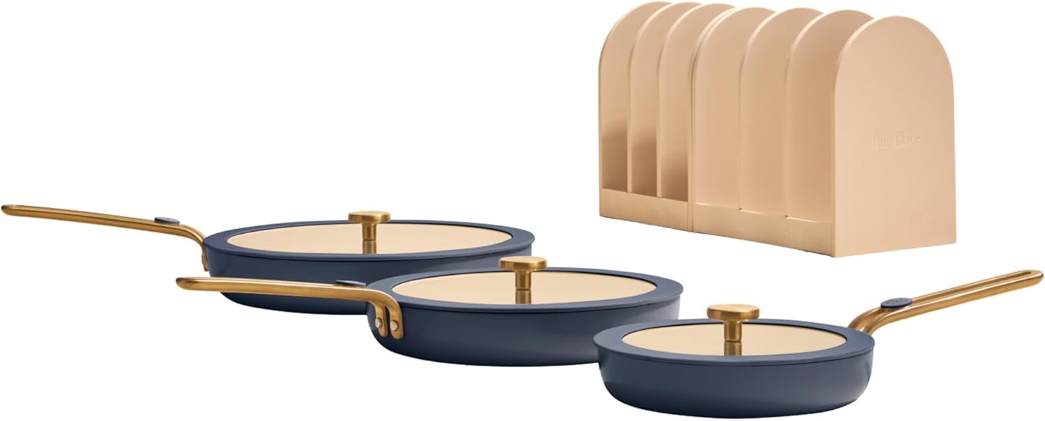 Our Place 8-Piece Essentials Complete Cookware Set – Ceramic Fry Pan Trio & Modular Rack Storage | Nontoxic Thermakind™ Nonstick, Oven Safe up to 450°F & Compatible with All Cooktops | Blue Salt