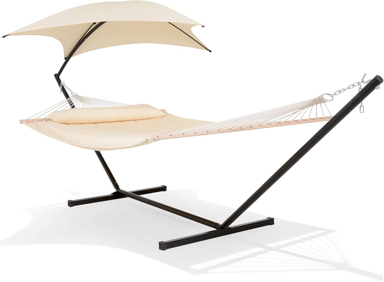 SUNCREAT Portable Outdoor Hammock with Stand, Sun-Protective Canopy, Double Hammock with Stand for Outside, Patent Pending, Beige
