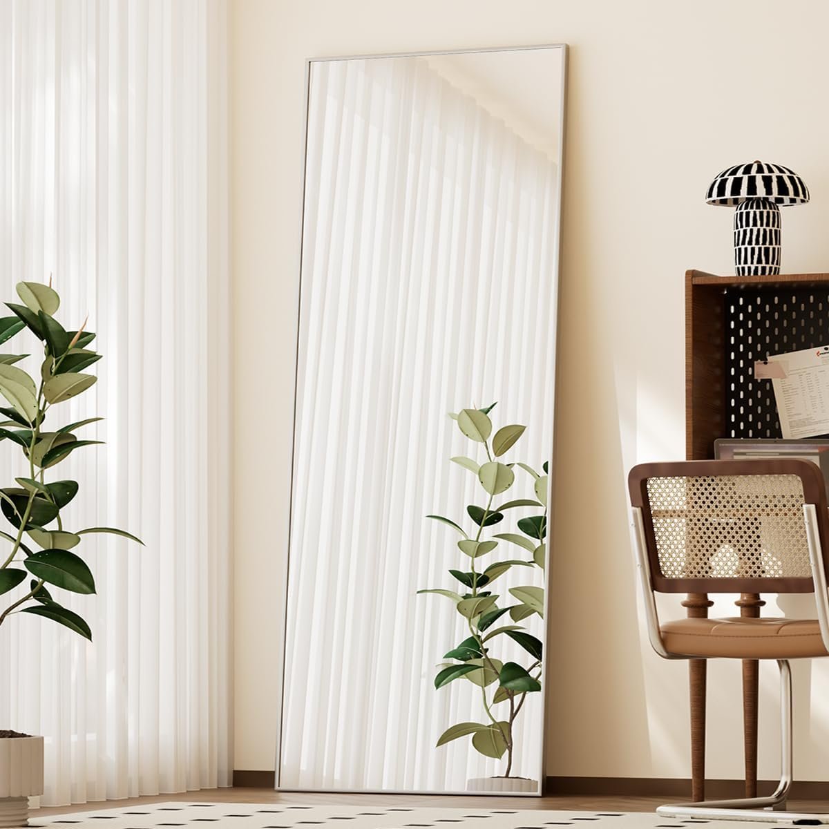 BEAUTYPEAK Full Length Mirror with Stand, 56″x21″ Floor Mirror with Aluminum Alloy Thin Frame, ShatterVue Tempered Full Body Mirrors, Free Standing or Wall-Mounted Mirrors for Living Room, Silver