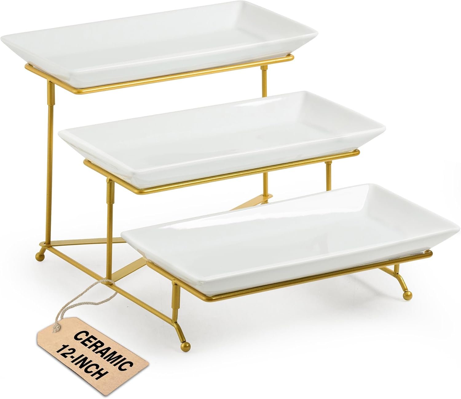 LAUCHUH 3 Tier Serving Tray, Porcelain Serving Platter Tier Serving Stand with Collapsible Sturdier Rack, Serving Trays and Platters Dessert Party Display Set for Father’s Day, Gold, 12 Inch