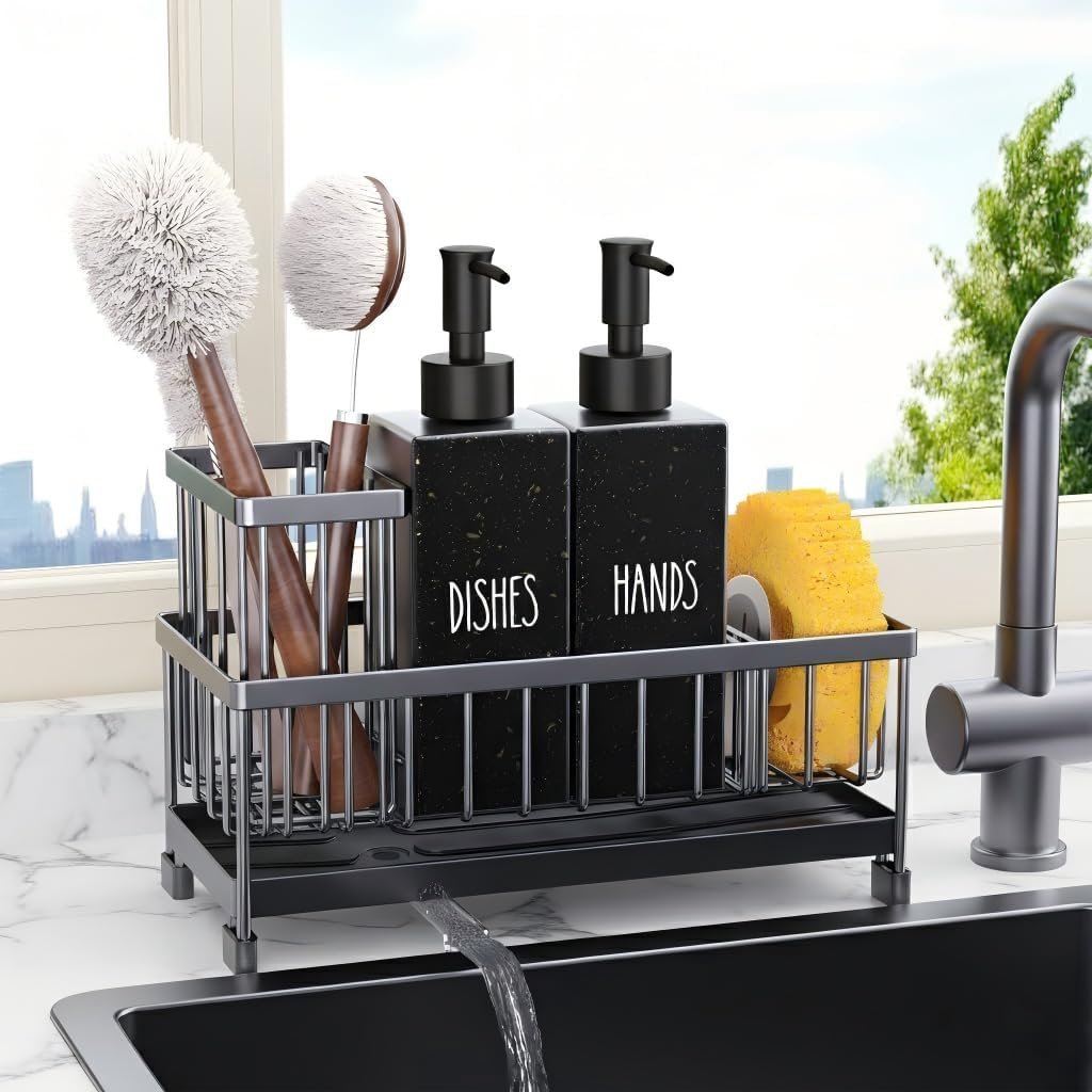 Cisily Kitchen Soap Dispenser Set with Sink Caddy, Glass Bottle, Hand and Dish Soap Dispenser Set with Sponge Holder (Black Square Bottle + Black Sponge Holder)