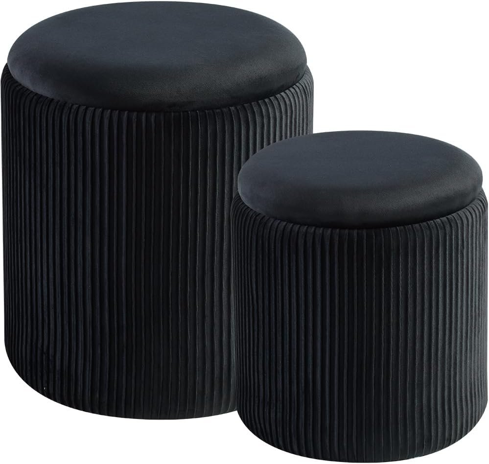 BLEXA Round Set of 2 Ottoman with Storage – Upholstered Velvet Vanity Stool for Makeup Multifunctional Ottomans Coffee Table Padded Seat Foot Rest for Living Room & Bedroom (Black)
