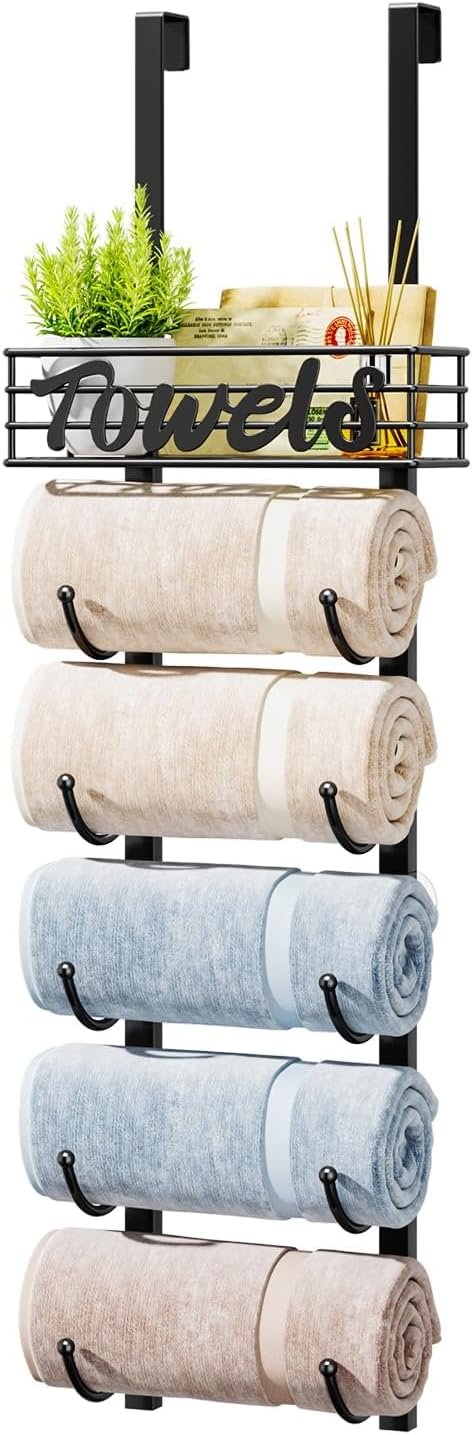 HapiRm Towel Racks for Bathroom Storage – 6 Tier Over The Door & Wall Mount Rolled Towel Storage Organizer Holder with Metal Shelf Basket for Small Bathroom, Camper, Rv – Black, Patented