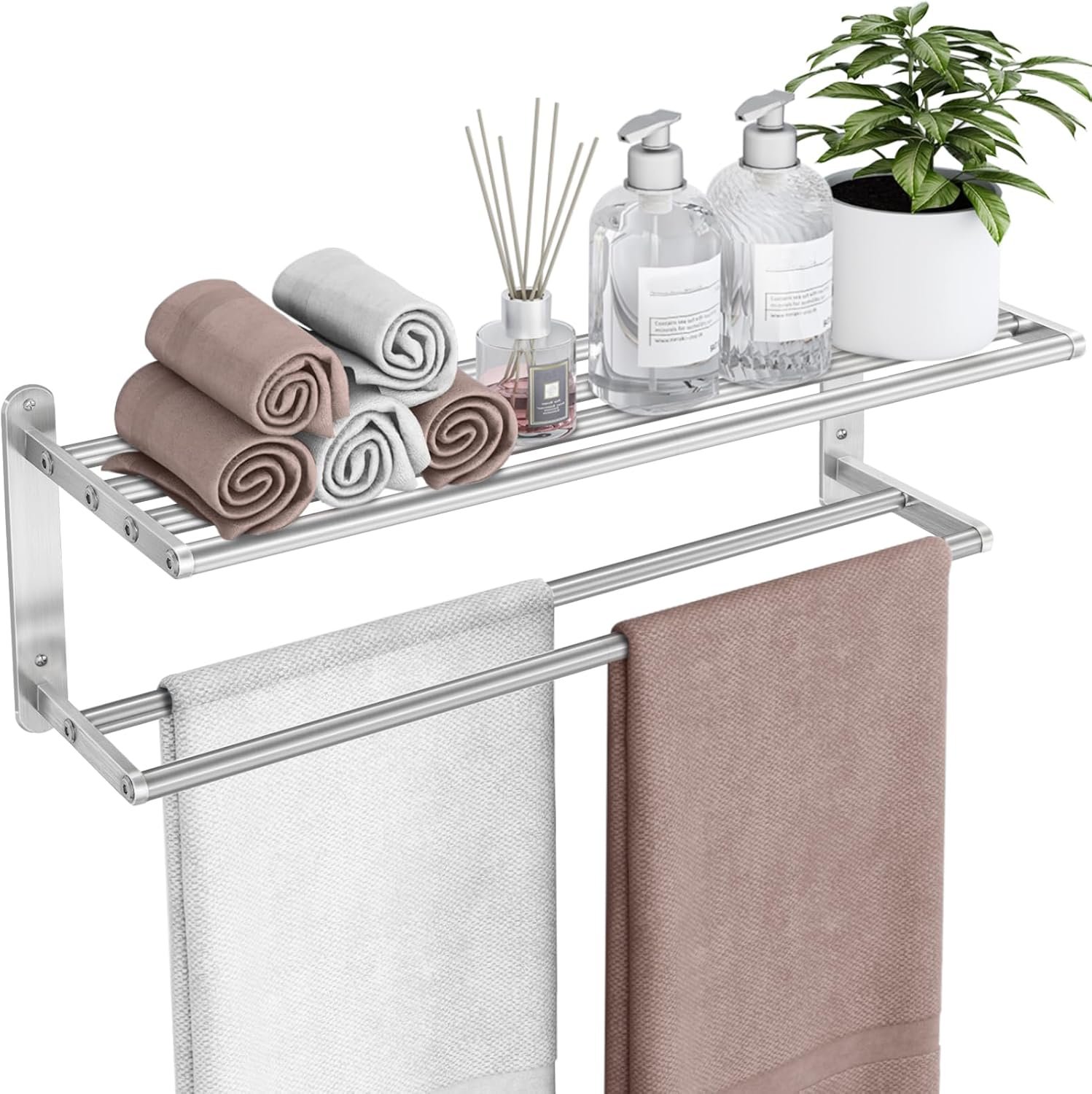 VOTZAAQ Towel Racks for Bathroom – 24 in Bath Towel Shelf with Double Towel Bar, Stainless Steel Towel Storage for Lavatory Wall Mounted, 2-Tier Towel Hanger Towel Holder, Brushed Nickel