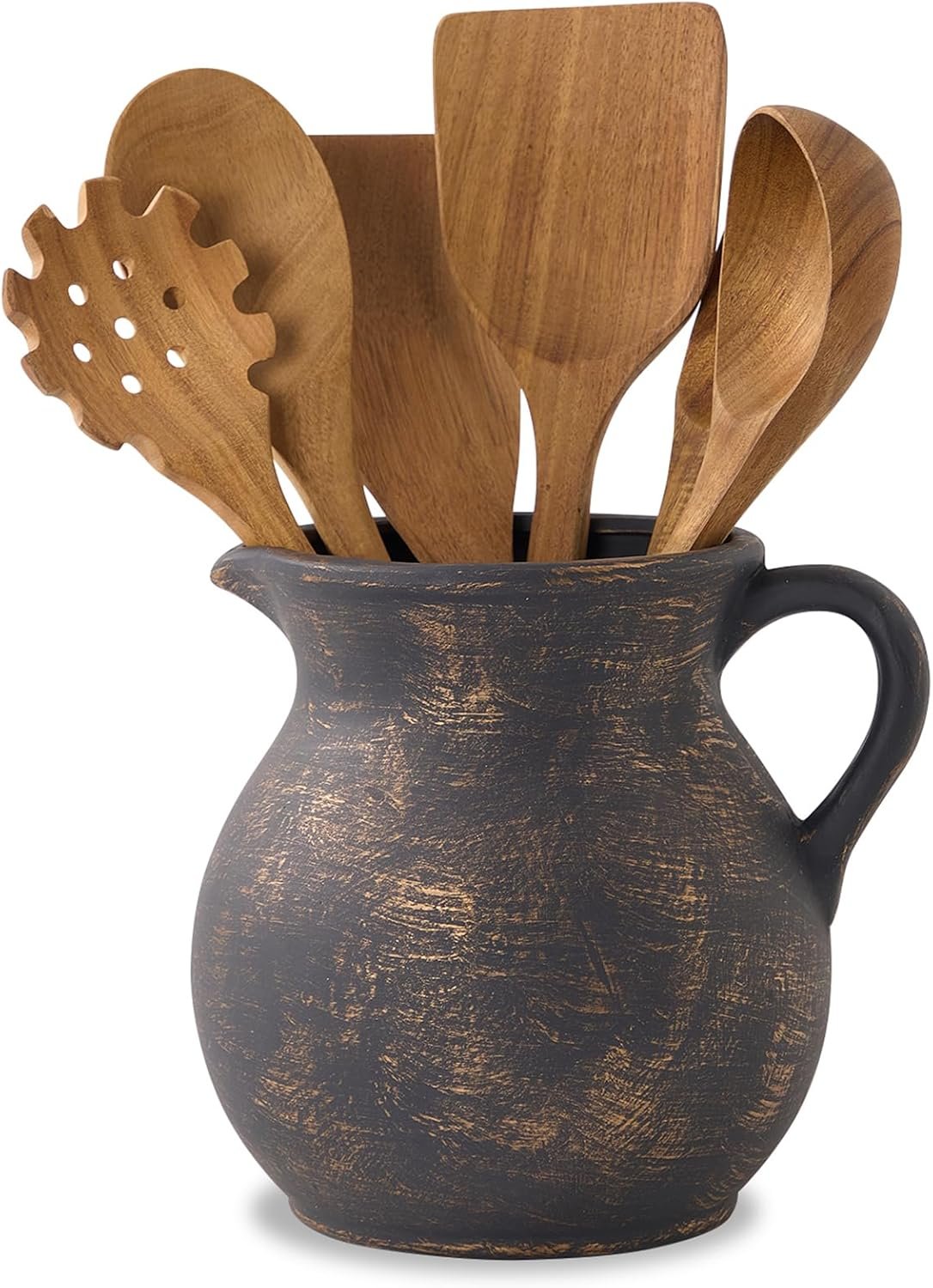 MIYUKI Rustic Kitchen Utensil Holder – 7.6 Inch Ceramic Utensil Crock for Countertop, Vintage Kitchen Counter Decor