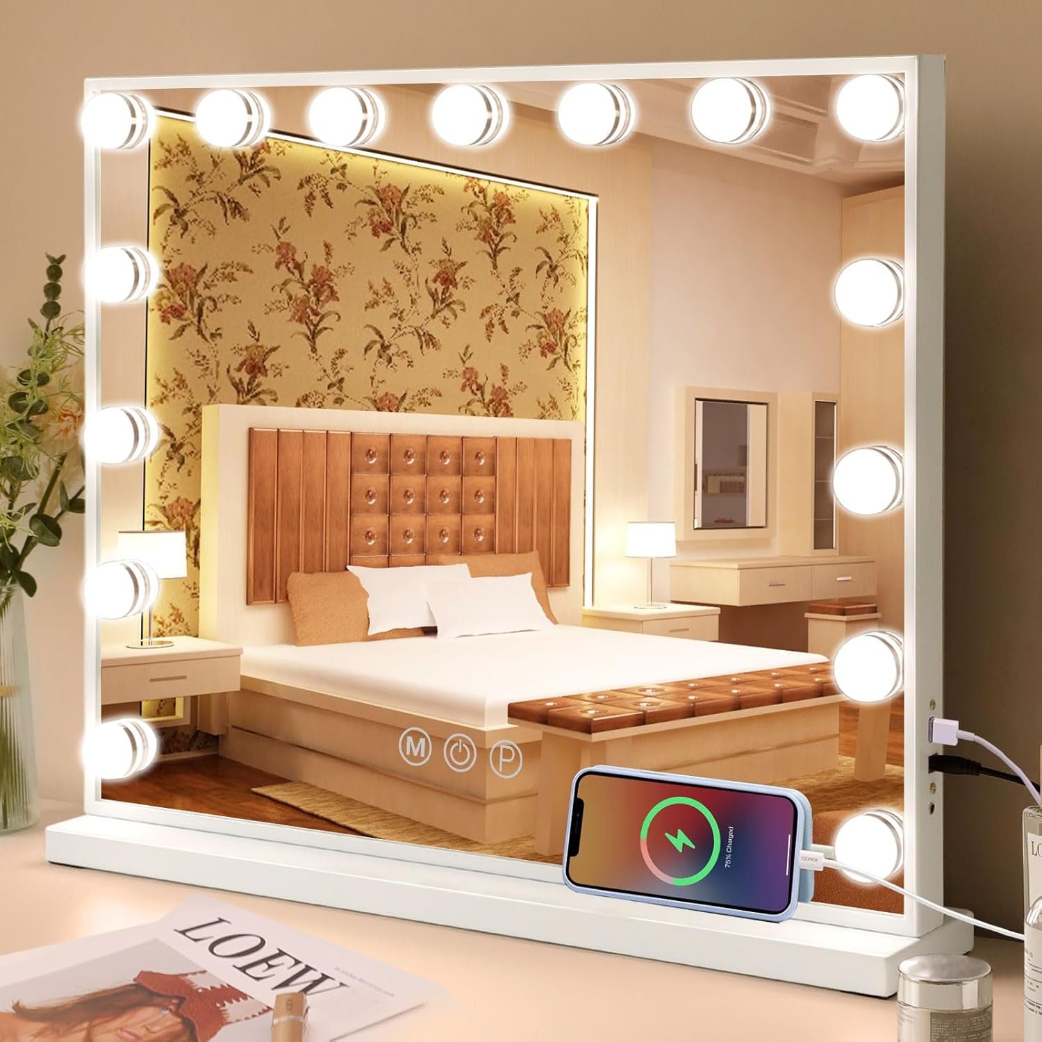 Fenair Vanity Mirror with Lights 22.8″x 18.1″ Makeup Mirror with Lights and 15 Dimmable Bulbs,3 Colors Modes,Hollywood Mirror with USB Charging Port and 10X Detachable Magnification Mirror