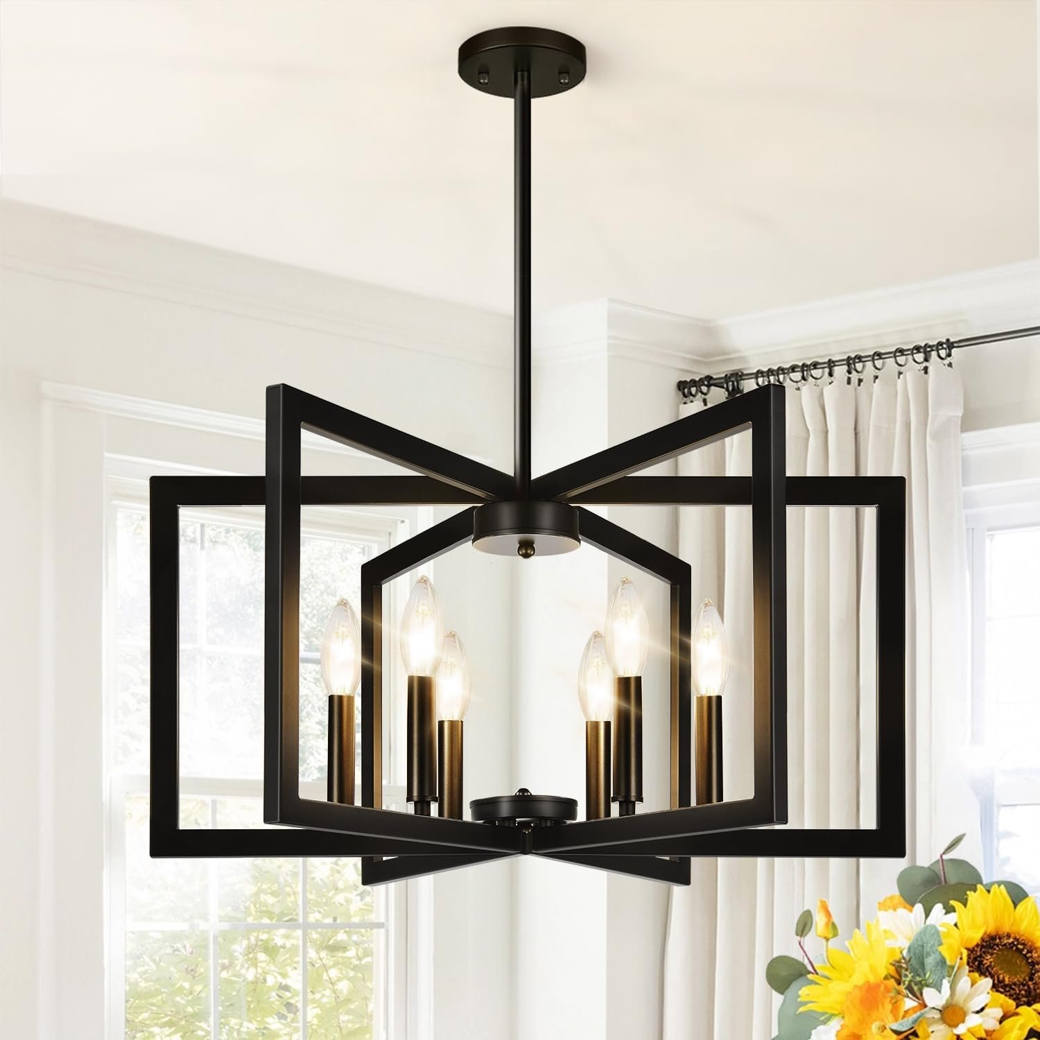 25″ Modern Matte Black Chandelier for Dining Room, No Assembly Required Black Dining Room Light Fixture Over Table, Industrial Metal Hanging Pendant Lights Fixture for Kitchen Island, Entryway, Foyer