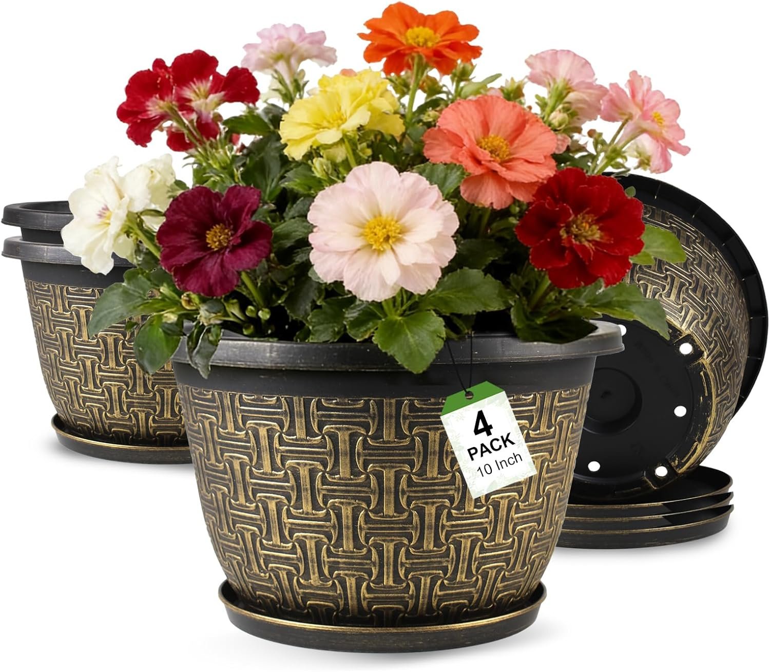 Nooulap 10 Inch 4 Pack Flower Pots for Outdoor, Plant Pots Outdoor with Drainage Holes and Trays, Retro Antique Imitation Plastic Garden Pots for Planter Indoor (Gold)