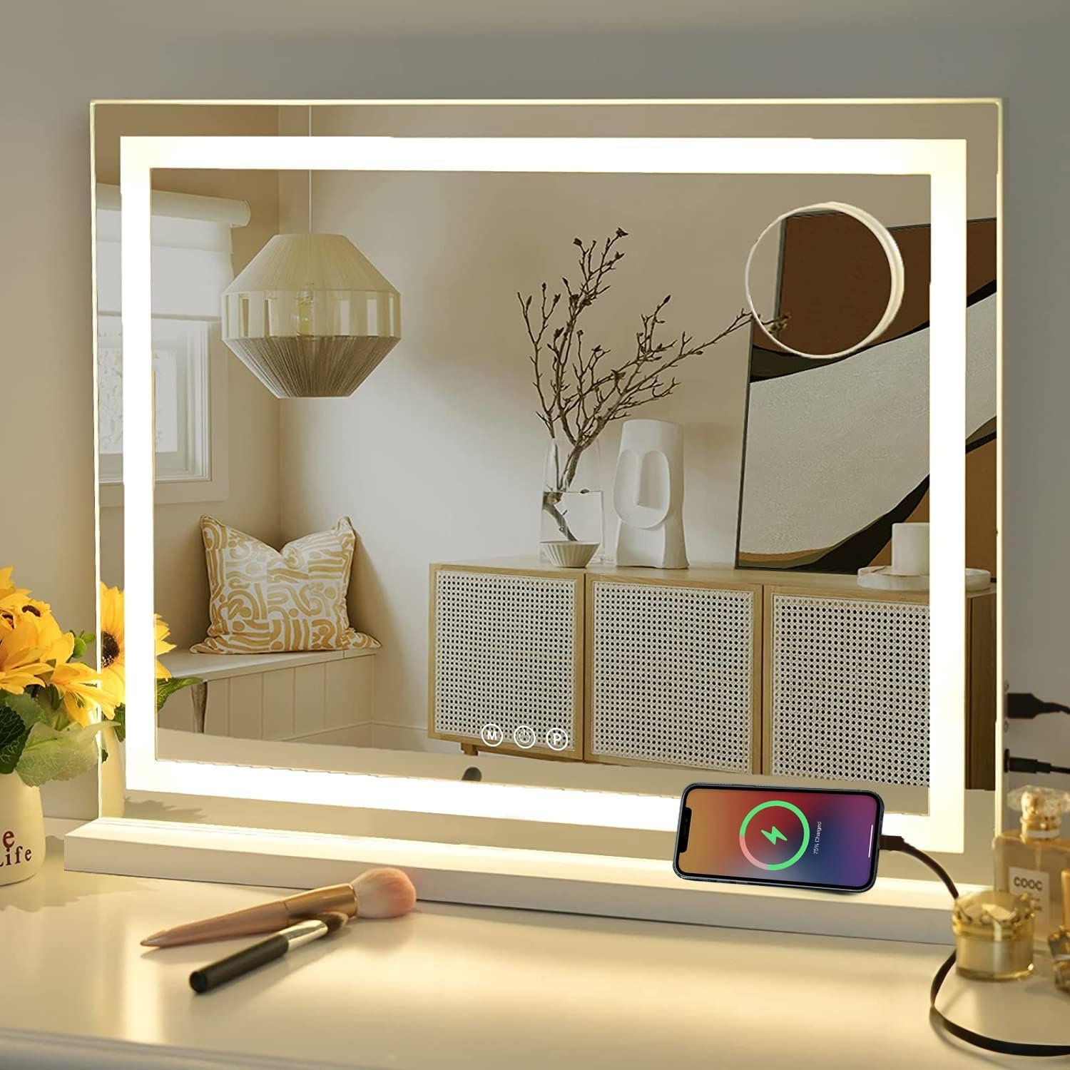 Sucedey 23″ x 19″ Vanity Mirror with Lights, Large Makeup Mirror with 3 Color Modes & Adjustable Brightness, Detachable 10x Zoom Mirror,Smart Touch Control,Plug in(Tabletop & Wall-Mounted)