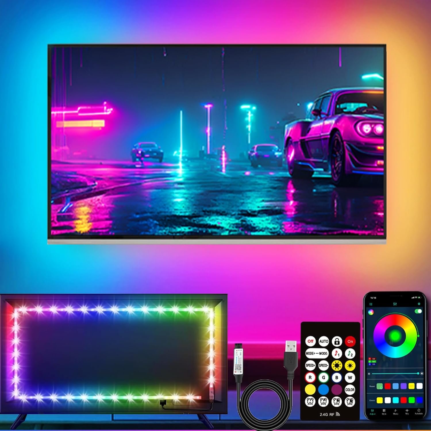LED Lights for TV, 16.4ft LED Lights for 45-75 Inch TVs, RGB TV Backlight Behind, Music Sync Bluetooth APP/RF Remote Control Strip Lights USB Powered for Bedroom/Gaming
