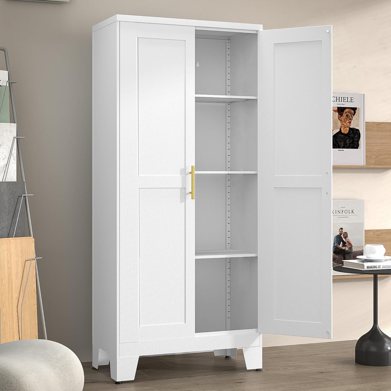 Winiowa Metal Pantry Cabinet with 2 Doors and Adjustable Shelves – 61″ Kitchen Storage Cabinet with Gold Handles – Versatile Storage for Kitchen, Bathroom, Dining Room, Utility Room – White