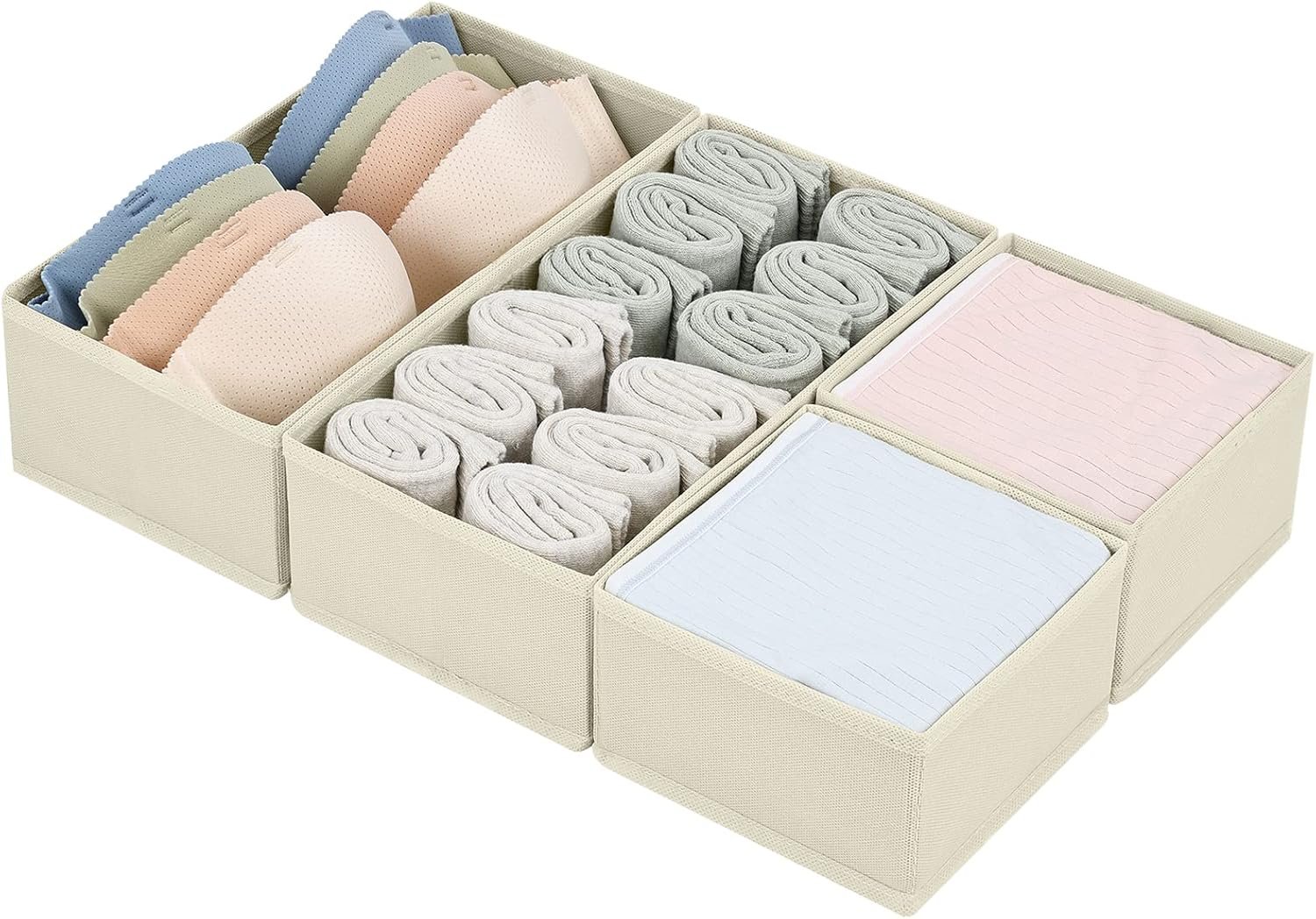 DIMJ Drawer Organizers Clothes, Dresser Organizer Bins for Baby Clothes,Underwear and Sock, Fabric Closet Organization and Storage Boxs, Drawer Dividers for Nursery, Clothing, Tie – 4 Pack, Beige