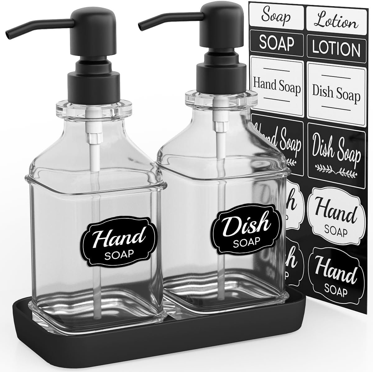 LMQML Soap Dispenser – 2 Pack, Antique Design Thick Glass Hand Soap Dispensers with Sturdy Tray; 304 Rust Proof Stainless Steel Black Pump, 12Pcs Stickers, for Kitchen, Bathroom