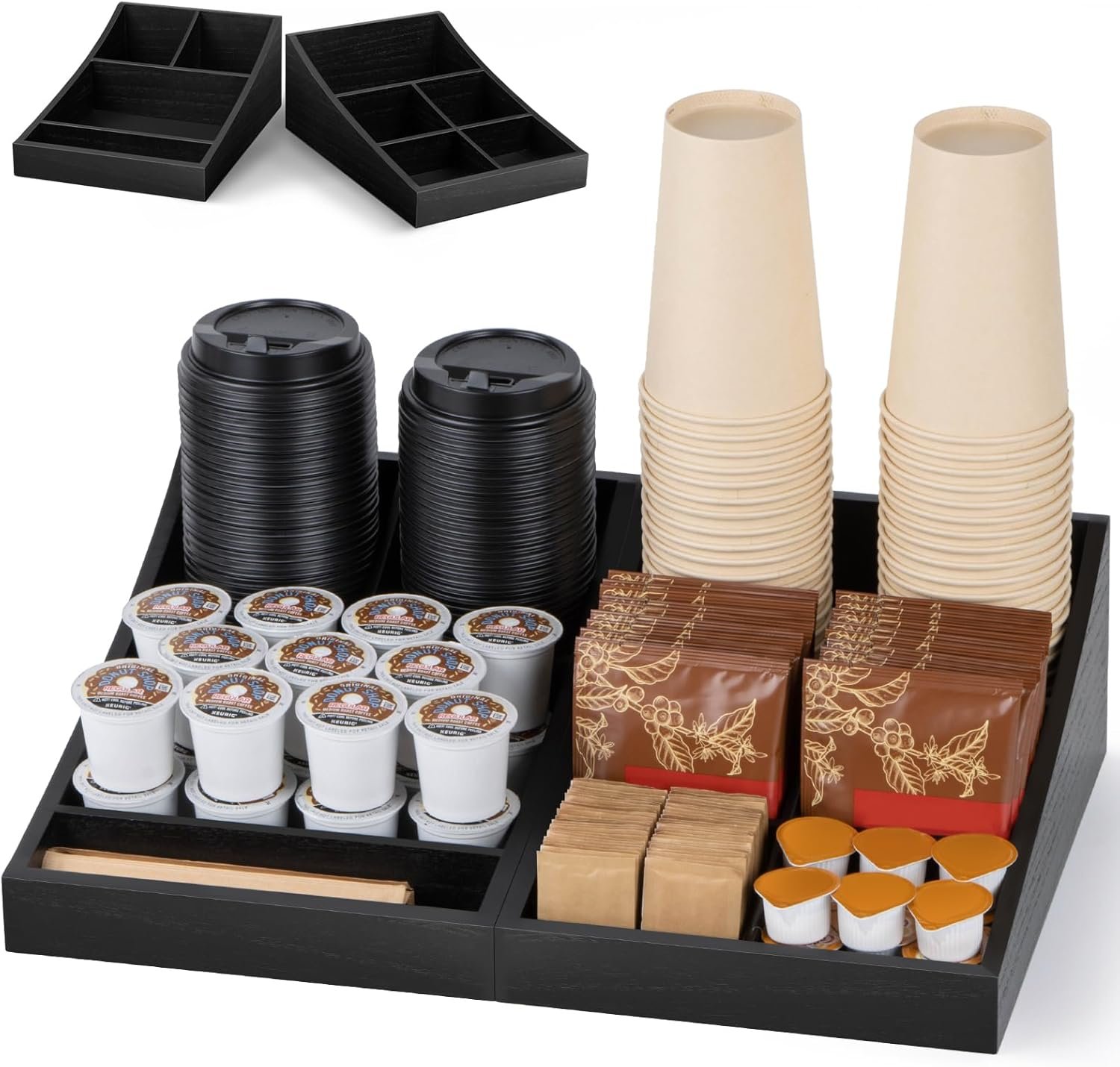 ANBOXIT Coffee Station Organizer for Countertop, Condiment Service Organizer, Coffee Bar Supplies Caddy for Home, Office and Breakroom – Wooden, Black, 9 Compartment, Two-in-One