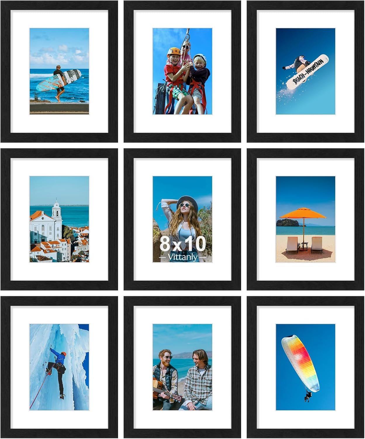 Vittanly 8×10 Picture Frames Set of 9, Shatter Resistant Plexiglass, Display 5×7 Pictures with Mat or 8×10 without Mat, Photo Frames for Wall or Tabletop, Engineered Wood, Black