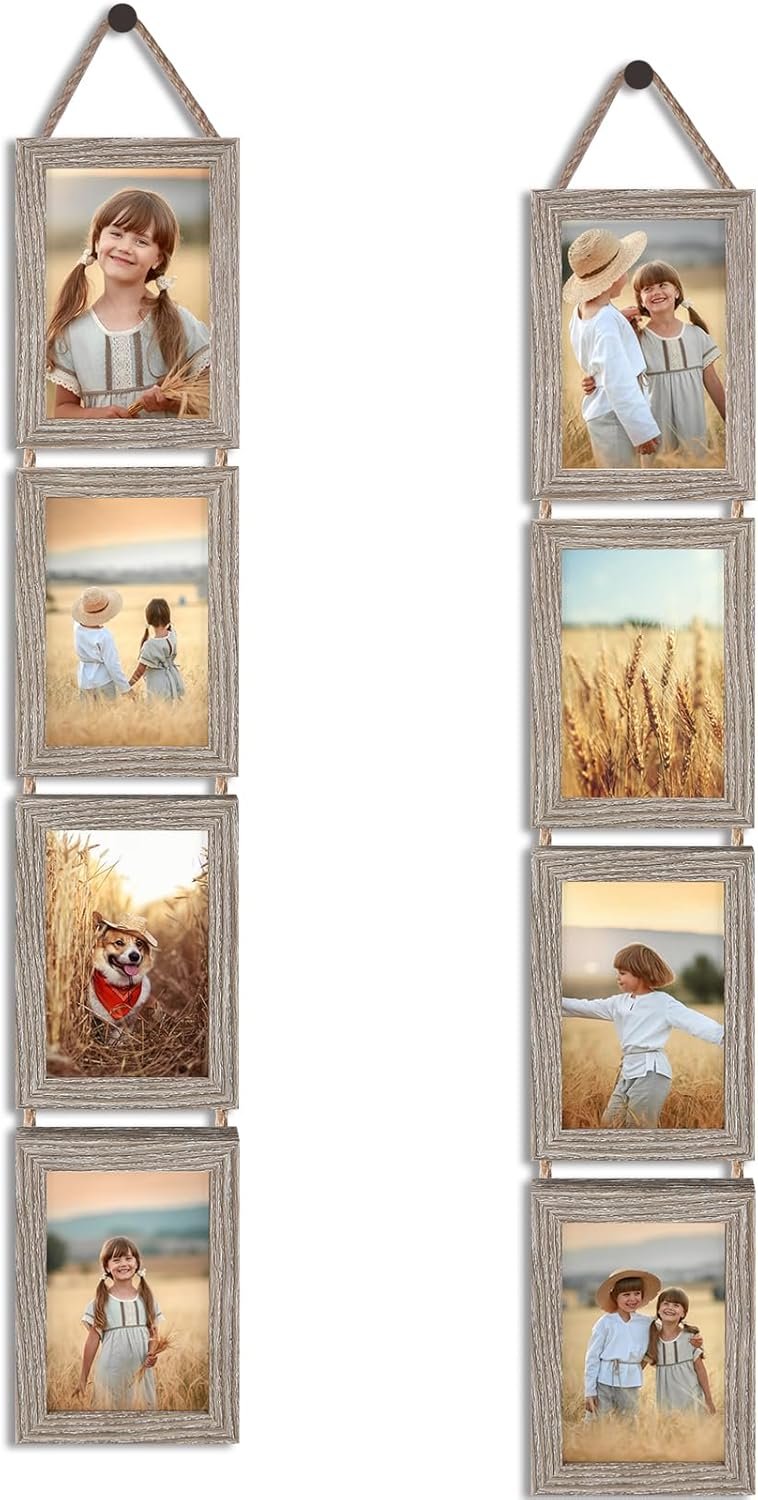 QUTREY 4×6 Hanging Picture Frames Collage Set of 2, 4 Openings 4 x 6 Photo Frames for Vertical 4 by 6 inch Pictures for Wall Decor, Rustic