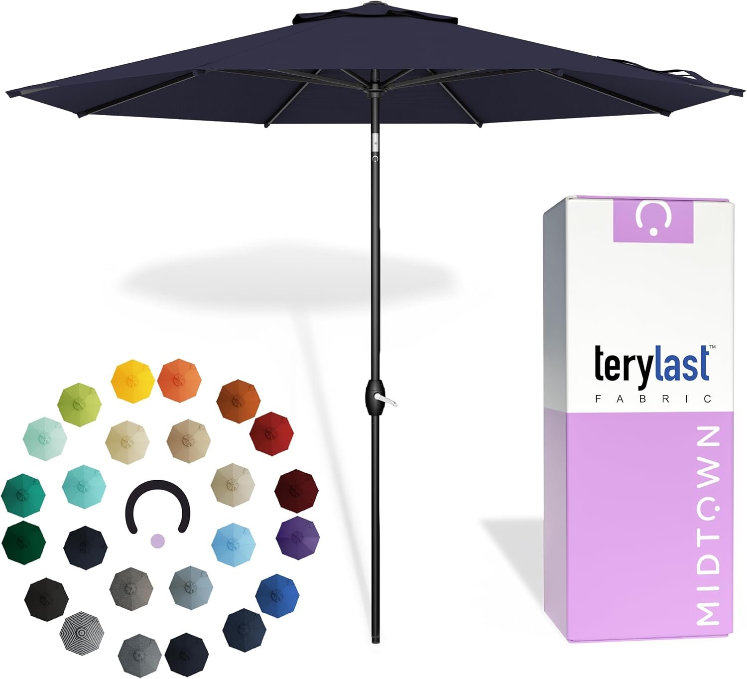 Midtown Umbrellas – 10-Year-No-Fade 9 Ft Patio Umbrella with Terylast Fabric, Auto-Tilt Aluminum Frame and 8 Reinforced Ribs for Deck, Pool, Garden & Beach – Navy Blue Canopy, Black Pole