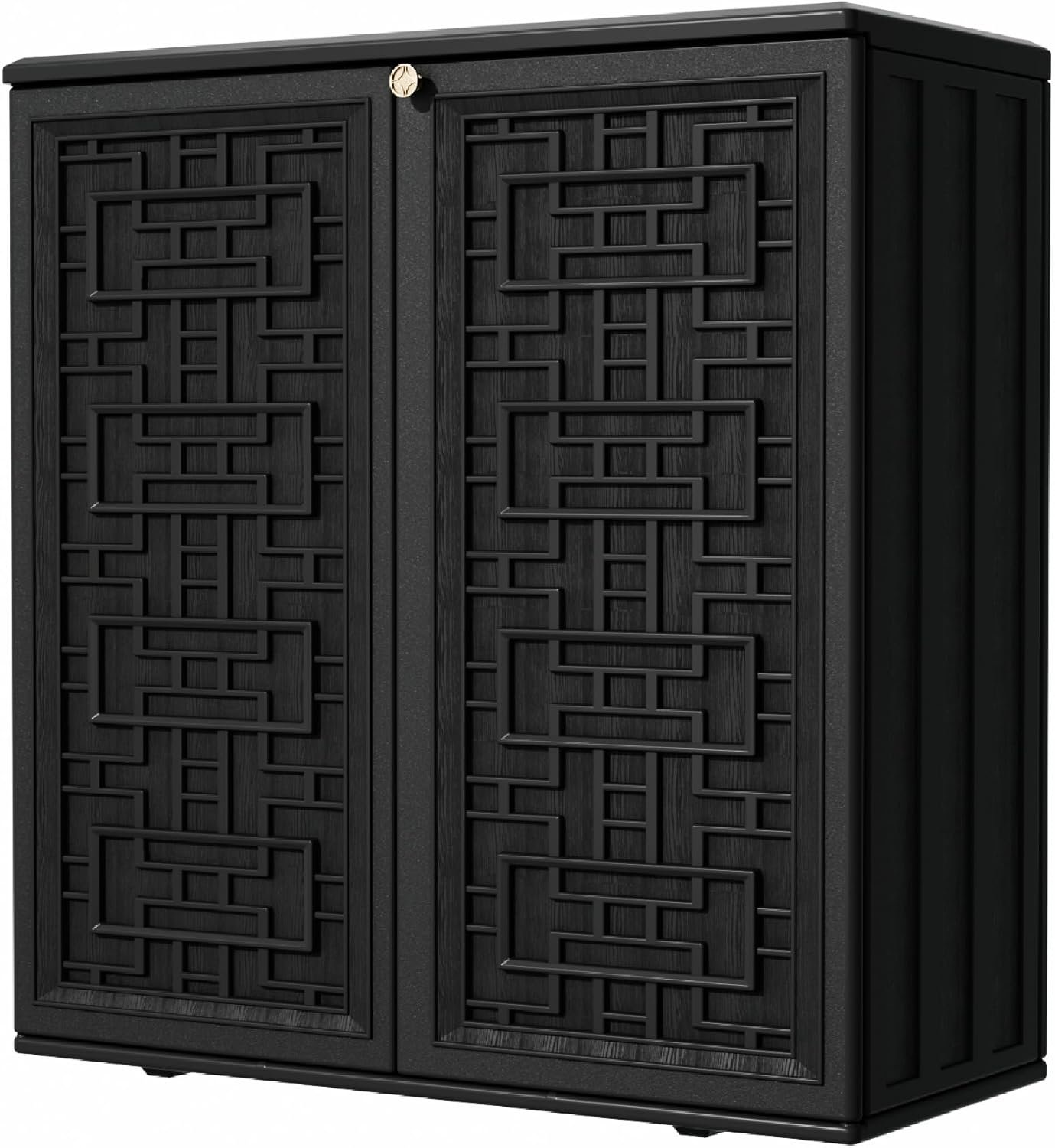 Mrosaa Outdoor Storage Cabinet Waterproof with Shelf,Resin Storage Sheds Outdoor Cabinets for tub Towels/Chemicals/Grill Items/Patio/Garden/Backyard, Size 34.3”L*15”W*36.2”H（Black）