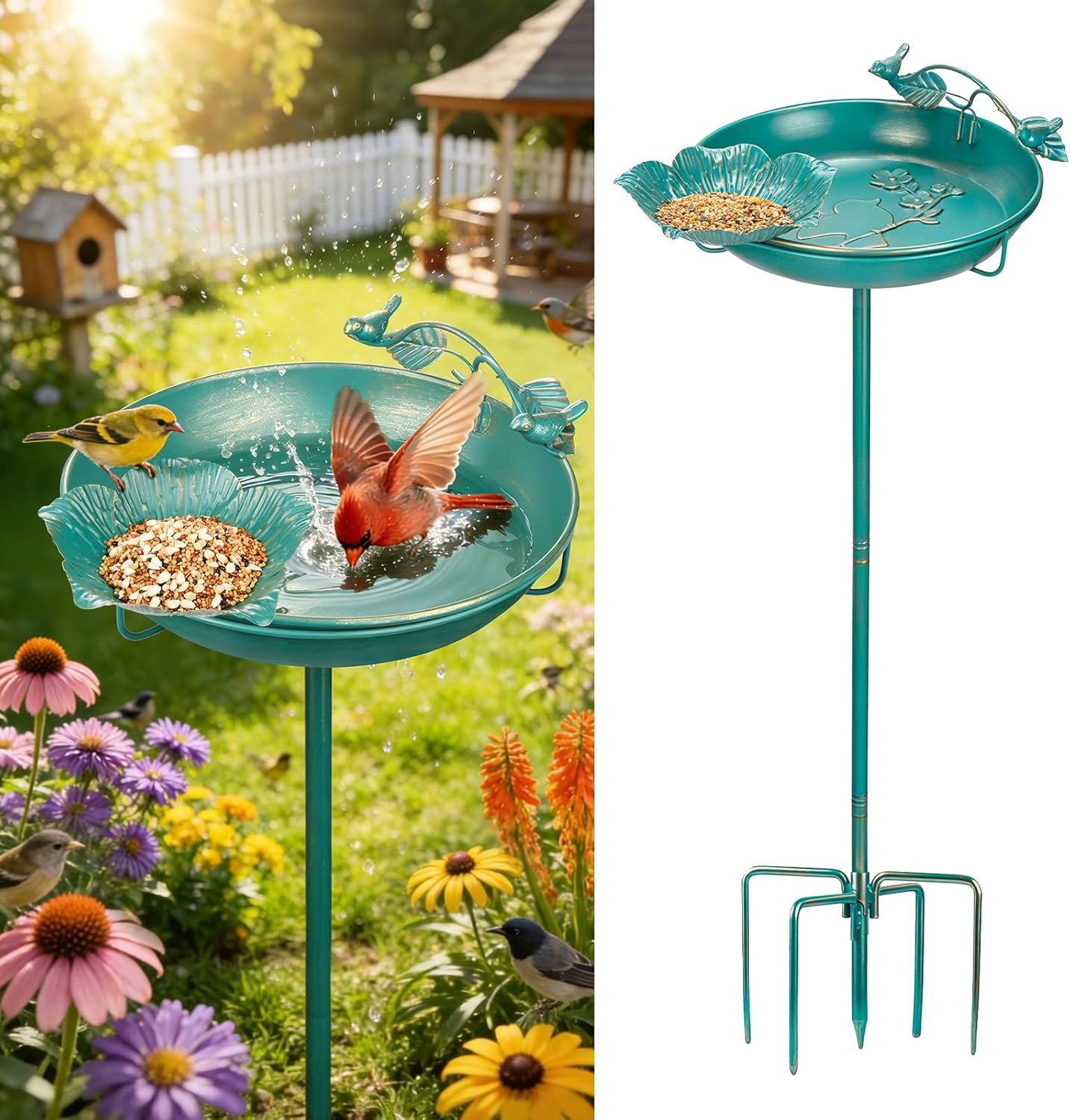 Mellbree Bird Bath for Outside, 12″ Dia 39″ H Lake Blue with Gold Gilding Metal birdbath for Outdoors, Freestanding with Perch & Feeder Bowl, Multi-Functional for Garden Patio Yard Lawn Outdoor Decor