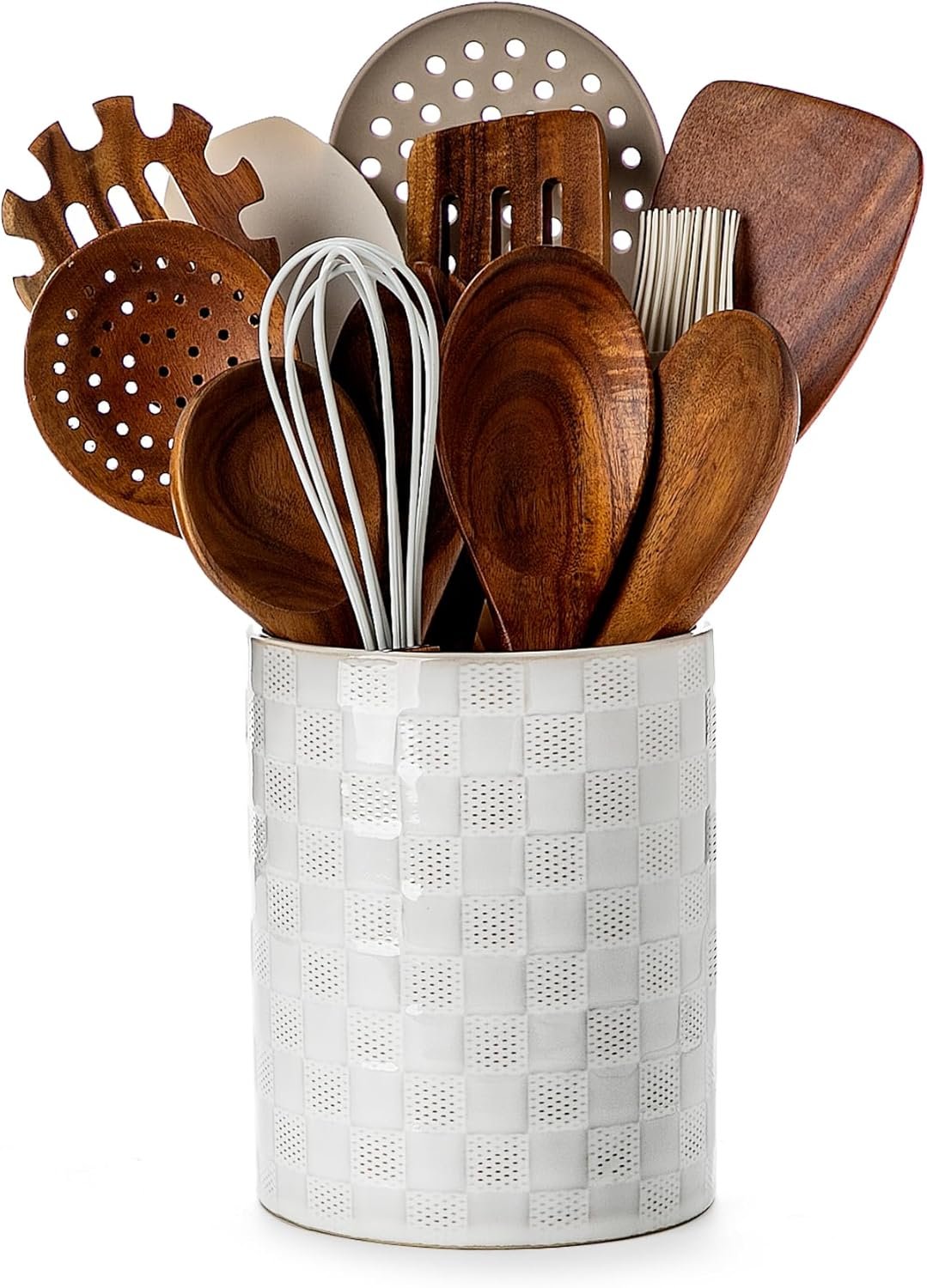 Nucookery 6.4” Utensil Holder – Ceramic Utensil Holder for Kitchen Counter, Large Capacity Countertop Storage, Farmhouse Style Utensil Crock Organizer for Spoons, Spatulas & Cooking Tools