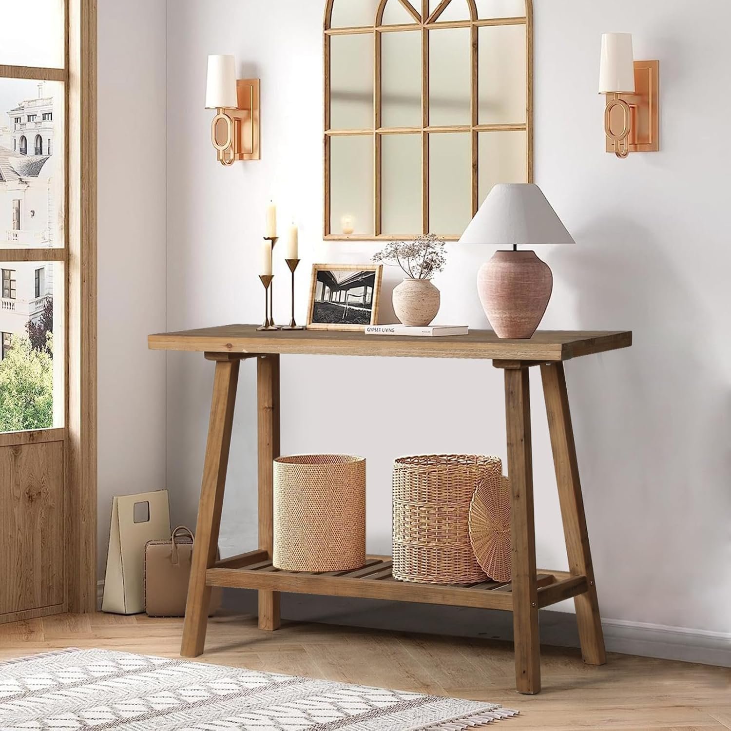 HOKYHOKY Reclaimed Solid Wood Console Table, 43.3″ Farmhouse Entryway Table, Narrow Couch Tables Behind Sofa, 2 Tiers Accent Tables for Hallway, Entrance, Foyer, Living Room