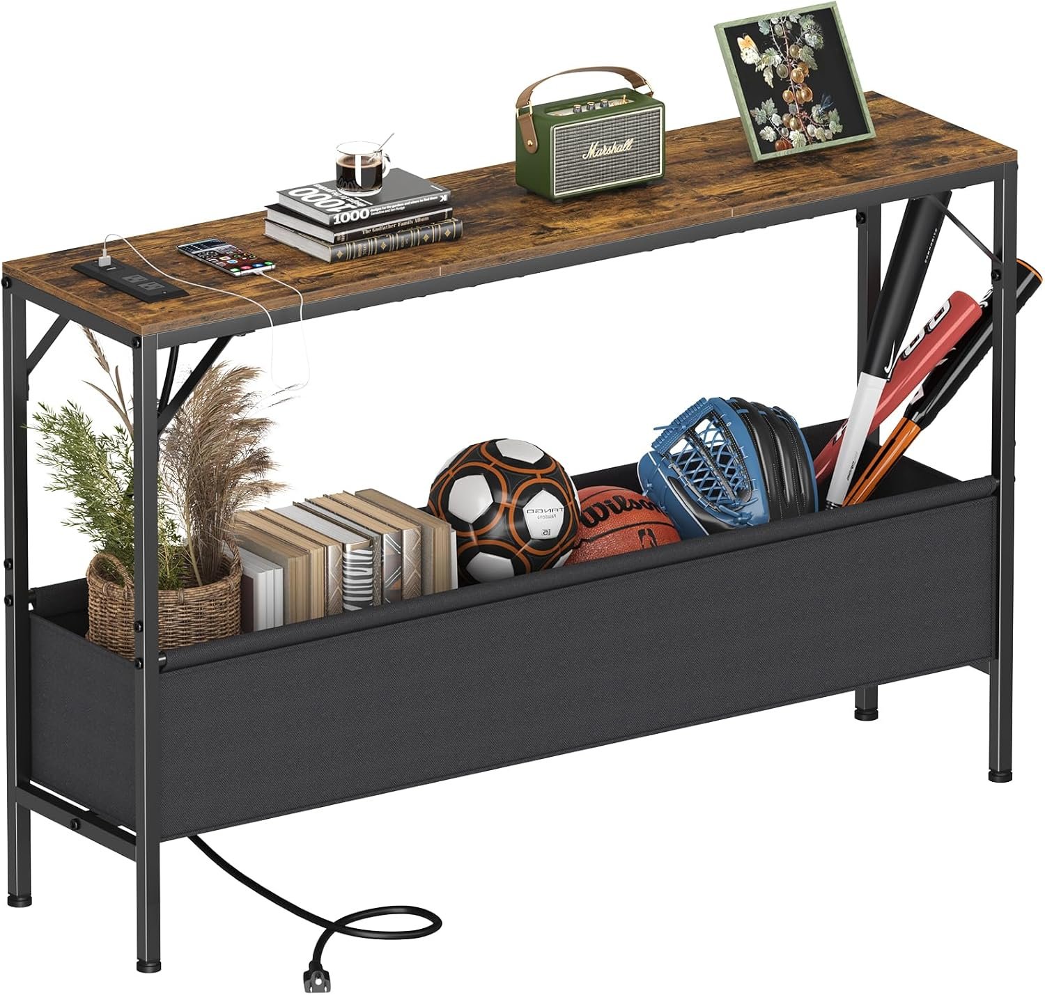 Asgolion Narrow Console Table, 47.2″ Long Entryway Table with Storage & Power Outlets, Hallway Table, Mordern Industrial Sofa Tables for Living Room, Bedroom, Foyer, Office, Anti-tip Kit, Rustic Brown