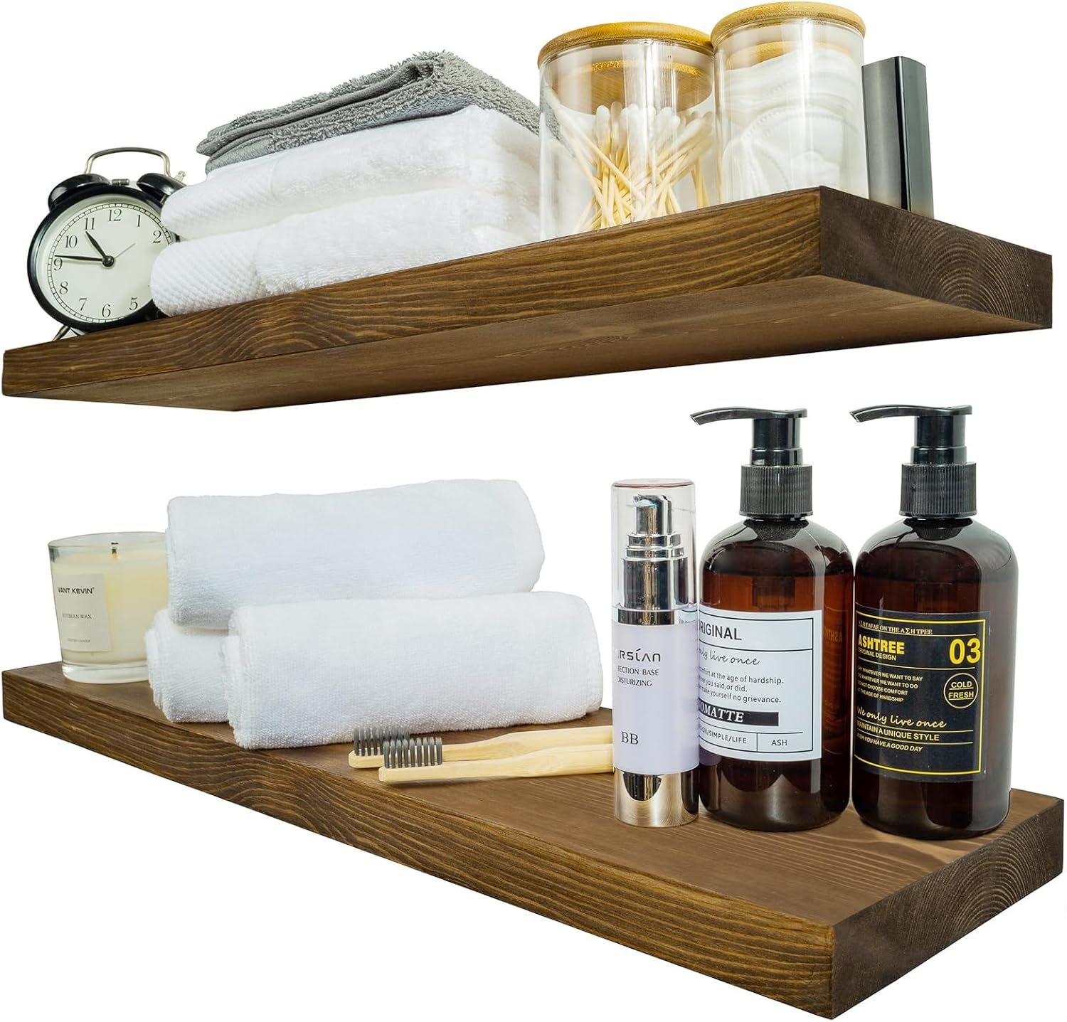 BGMG Wood Floating Shelves for Wall 24 inch Set of 2, Rustic Wooden Wall Mount Shelves for Bathroom Living Room Bedroom Kitchen Farmhouse -24x 6.7-Dark Walnut