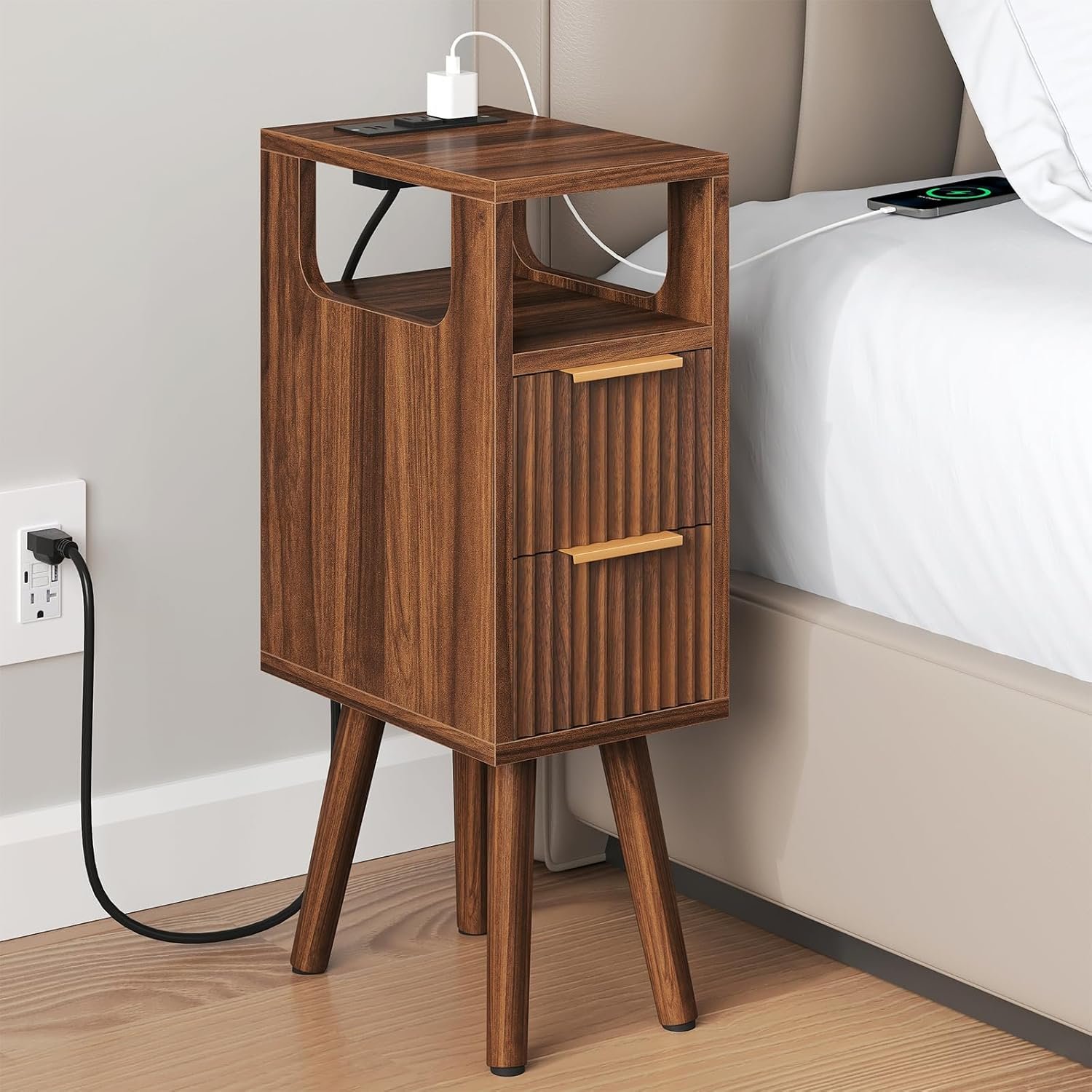ELYKEN 7.9″ Small Narrow Side Table with Charging Station, 24.4″ H Skinny Fluted Nightstand with 2 Drawers, Solid Wood Feet, Open Storage, Slim End Table for Small Spaces, Bedroom, Walnut