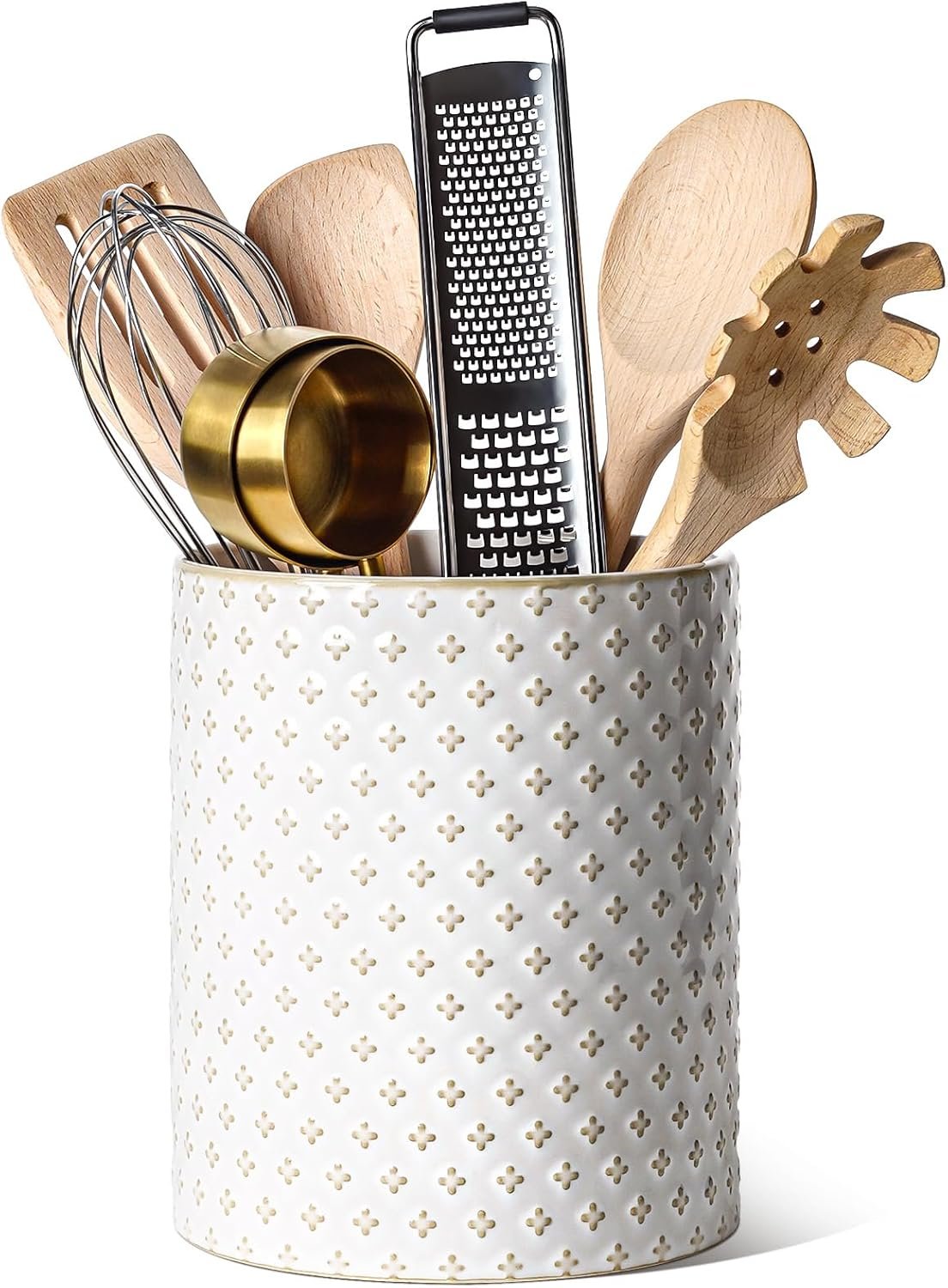 LE TAUCI Utensil Holder for Kitchen Counter – 7.1″ Large Ceramic Utensil Crock, Cooking Utensil Organizer for Spatula, Spoon, Whisk – Farmhouse Kitchen Countertop Storage, Embossed, Clover
