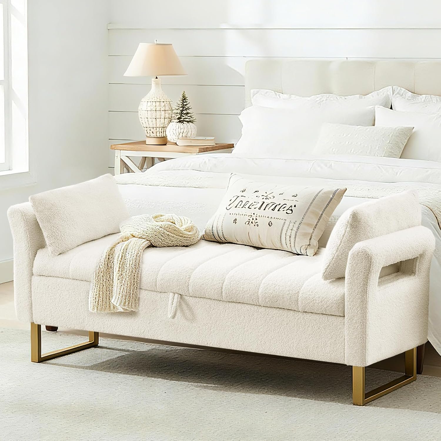 66” King Size Storage Bench for Bedroom End of Bed, Bedroom Benches for Foot of Bed King with Gold Legs, Cream White Storage Ottoman Bench with Storage for Bedroom, Teddy