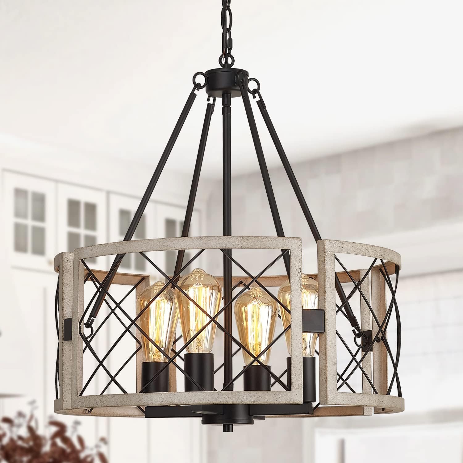 SANTOSTOCK D19” Farmhouse Chandelier, 4-Light Adjustable Dining Room Light Fixture Kitchen Island Lighting, Rustic Hanging Lights for Entryway Foyer Bedroom Living Room, Black & White Oak