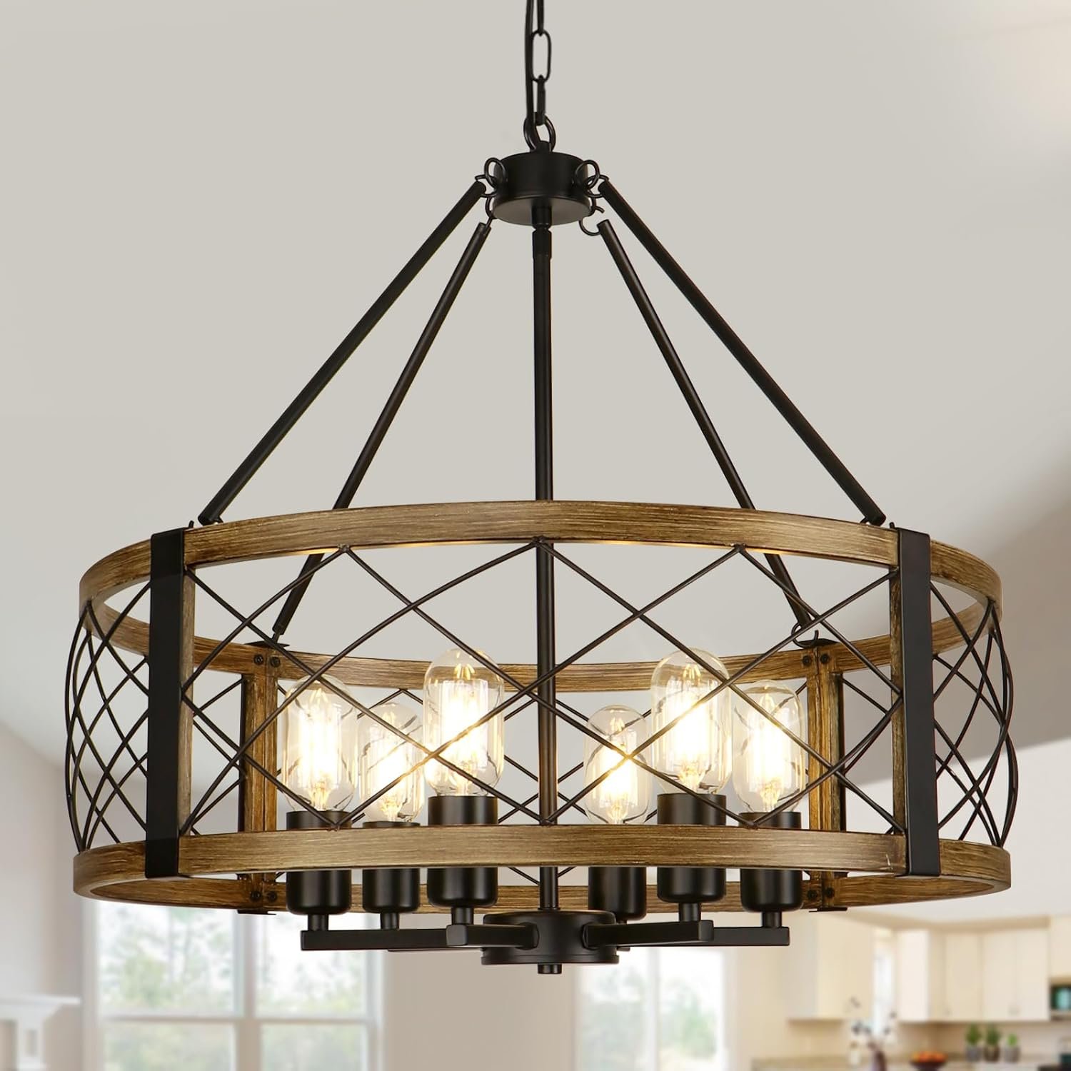 Modern Chandelier for Dining Room, 6-Light Wood Grain Finish Farmhouse Chandelier, 22.5” Rustic Drum Hanging Light Kitchen Island, Round Metal Hanging Light Fixture for Foyer, Entryway, Bedroom