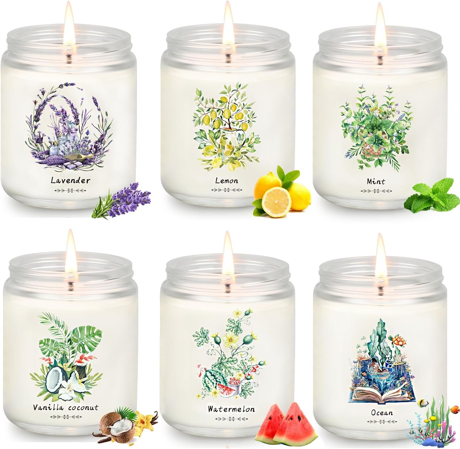6 Pack Scented Candle Gift Set- 300h Long Lasting Candles, Soy Candles Non Toxic – Lavender, Vanilla Coconut, Lemon, Ocean, Mint, Watermelon Fragrance for Relaxation & Home Decor