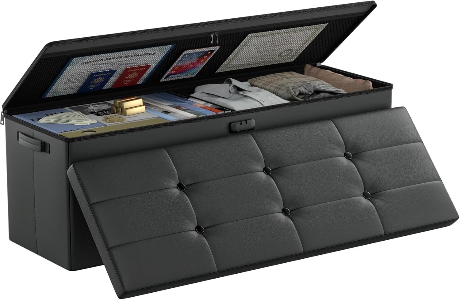 DocSafe Storage Ottoman Bench,Fireproof＆Waterproof Folding Bench with Lock(15”x 43”x15”),Leather Storage Chest with Handles＆2 Extra Boxes,Ottoman Safe for Bedroom,Living Room,Home Office,Black