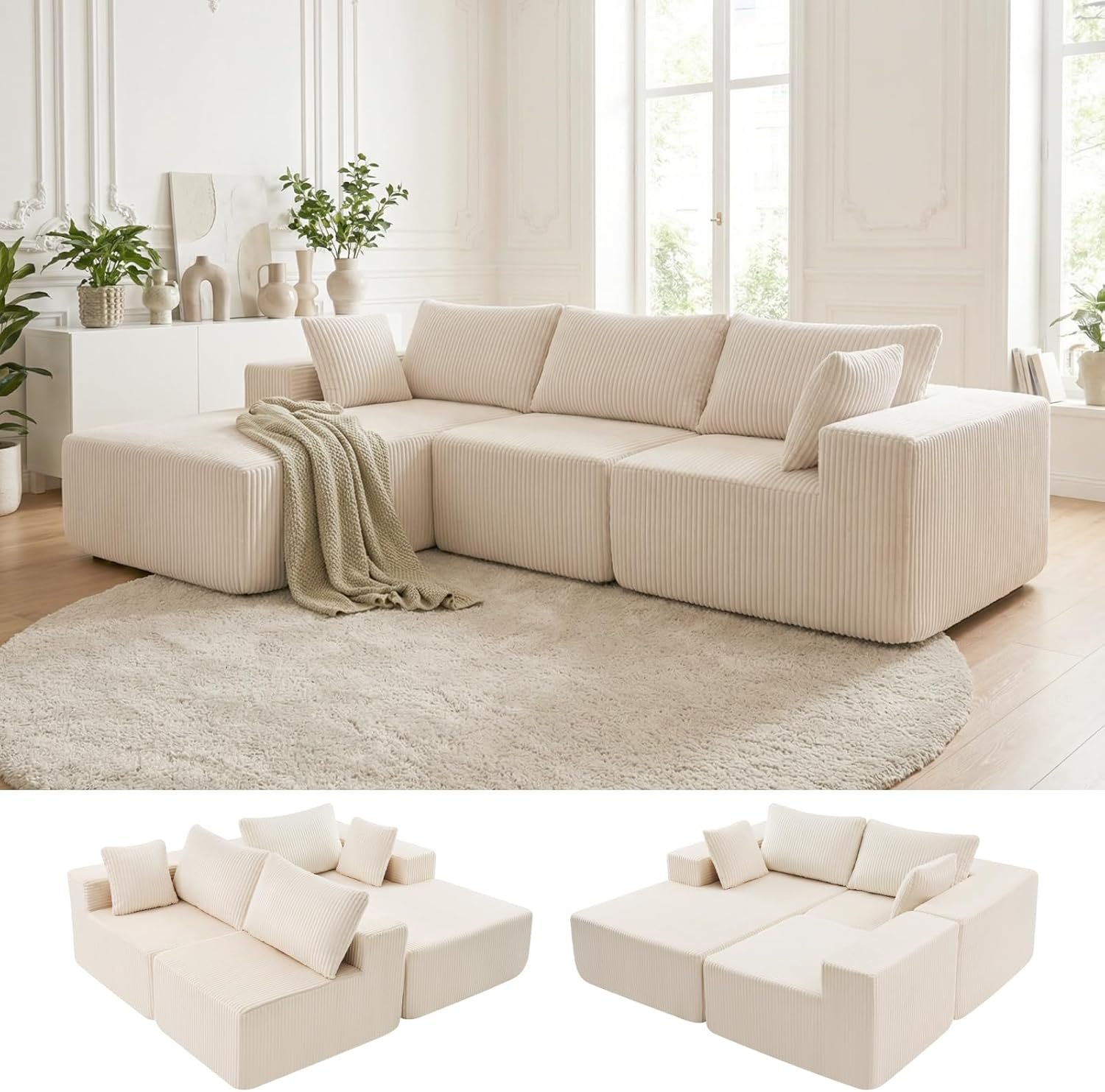 DUMOS 108″ Boneless Couch, Cloud Sectional Couch with L-Shape Chaise, Modular Sectional Sofa with Deep Seat, Upholstered Couch for Living Room Bedroom, No Assembly Required, Beige, Left Facing Chaise