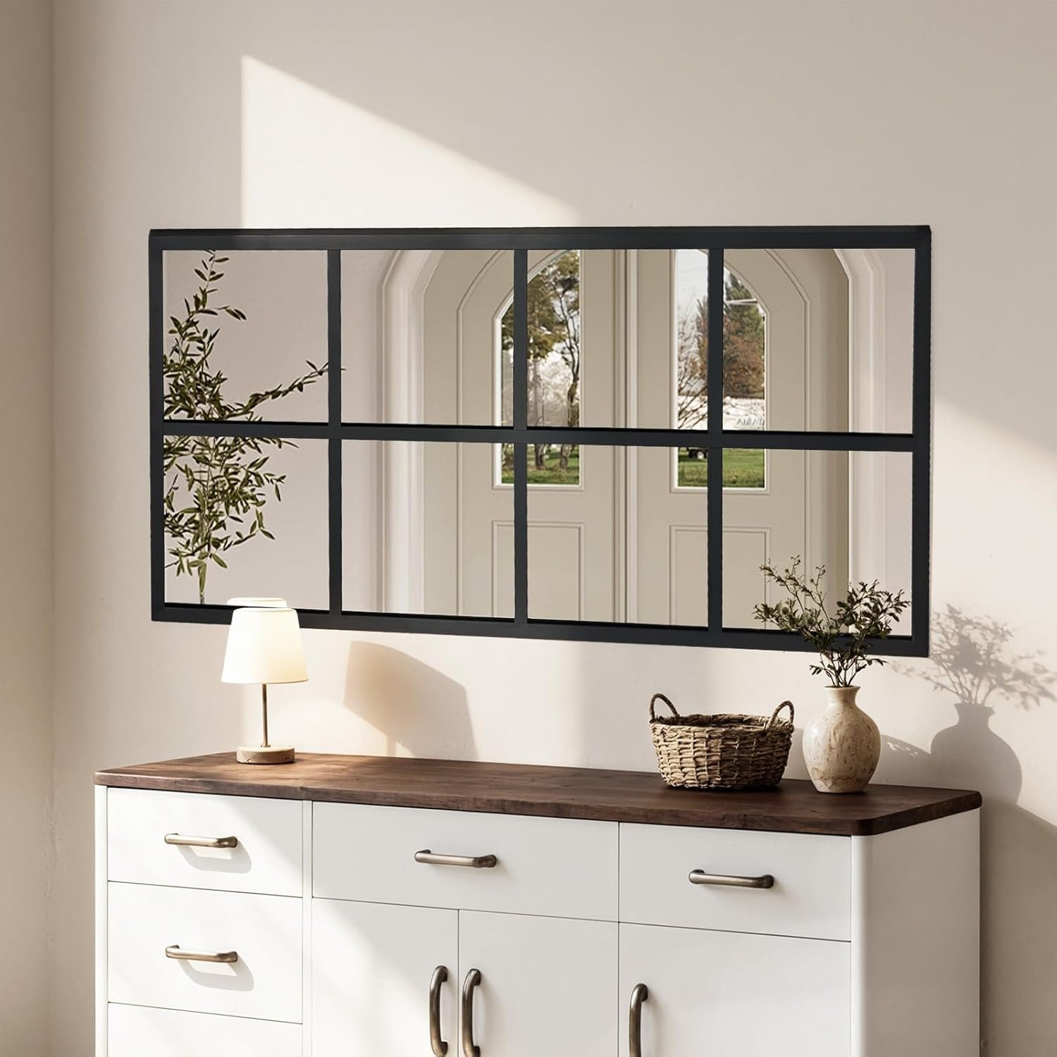 DUMOS 2Pcs Window Pane Wall Mirror, 16×32 Inch Black Framed Mirrors for Wall Decor Living Room, Black Metal Framed Big Square Mirror for Bathroom, Bedroom, Entryway