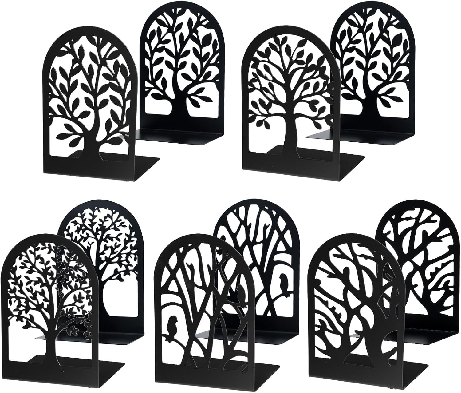 EOOUT Bookends for Shelves Decorative, 5 Pairs (10 Pack) of Tree Bookends Supports, Black Metal Book Stoppers for Heavy Books, Heavy Duty Book Ends for Home Office School.