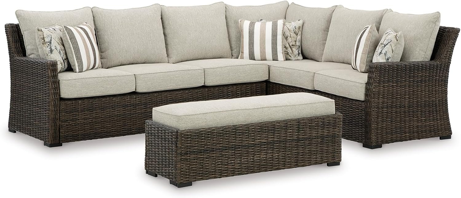 Signature Design by Ashley Brook Ranch Outdoor Sectional, All‑Weather Resin Wicker Patio Furniture With High‑Performance Cushions, Durable Aluminum Frame, Neutral