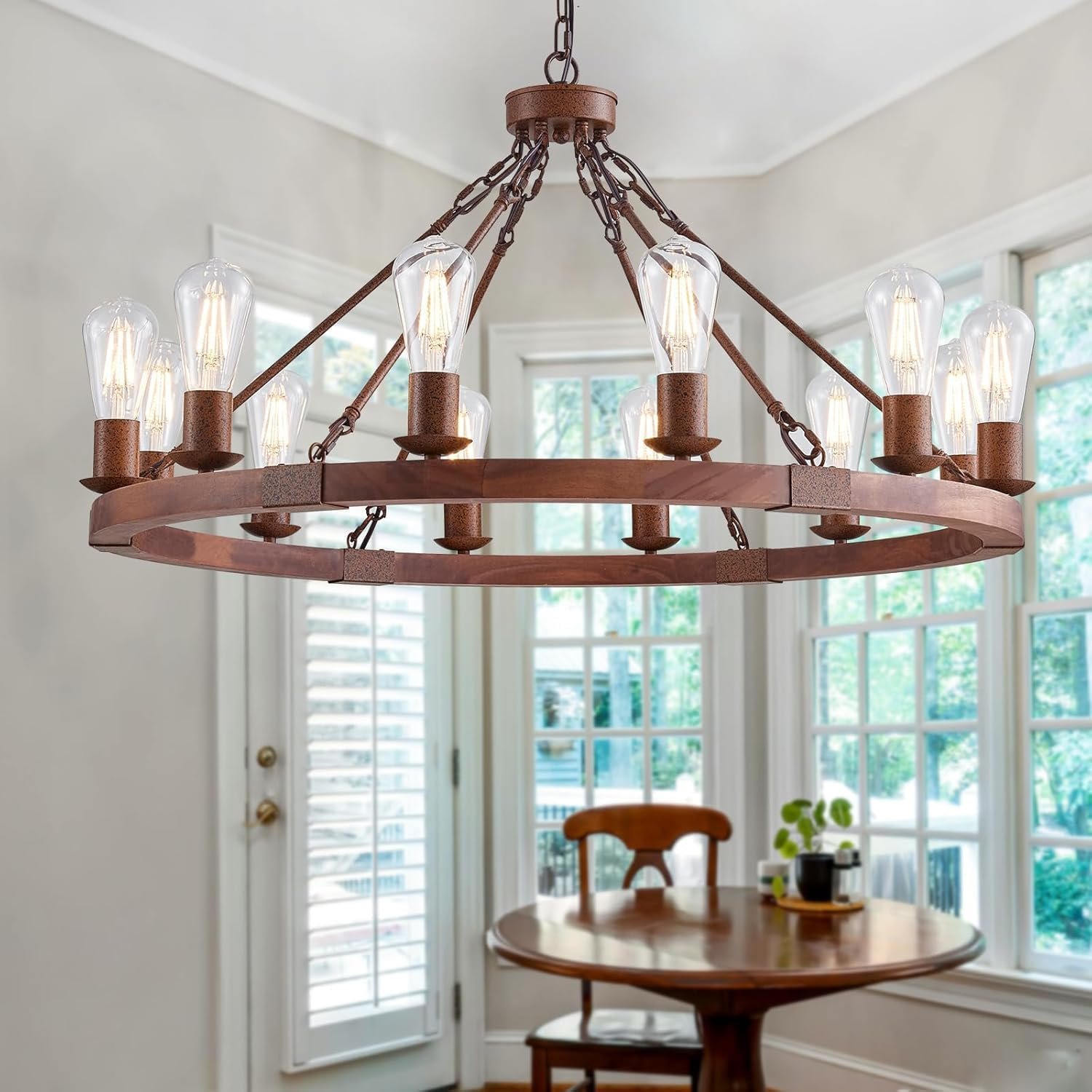 Farmhouse Wagon Wheel Chandelier 32.5″ Wood Rustic Light Fixtures 12-Light Round Metal Industrial Farmhouse Dining Room Pendant Light for Living Room Foyer Entryway